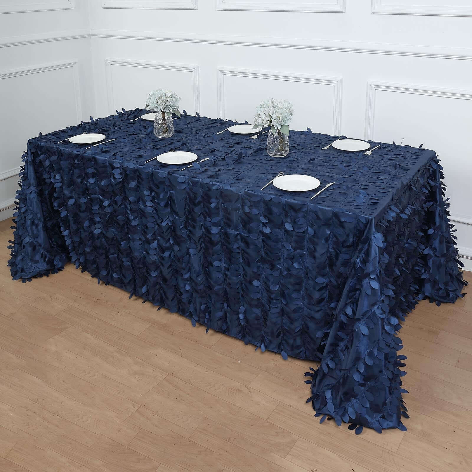 Navy Blue Taffeta Rectangle Tablecloth 90x132 with 3D Leaf Petal Design