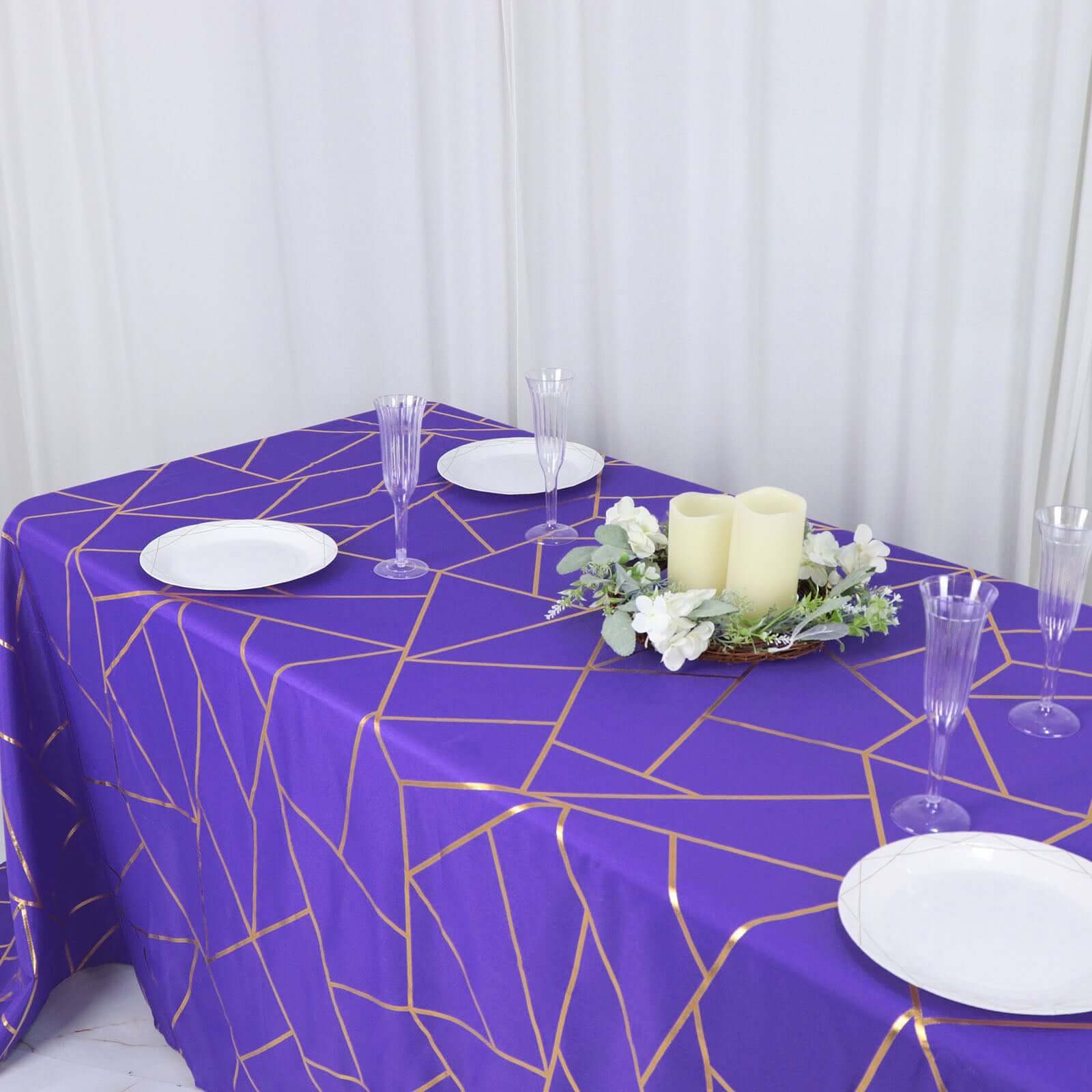 Wrinkle-Resistant Purple Polyester Tablecloth with Gold Foil Geometric Pattern, 90x132