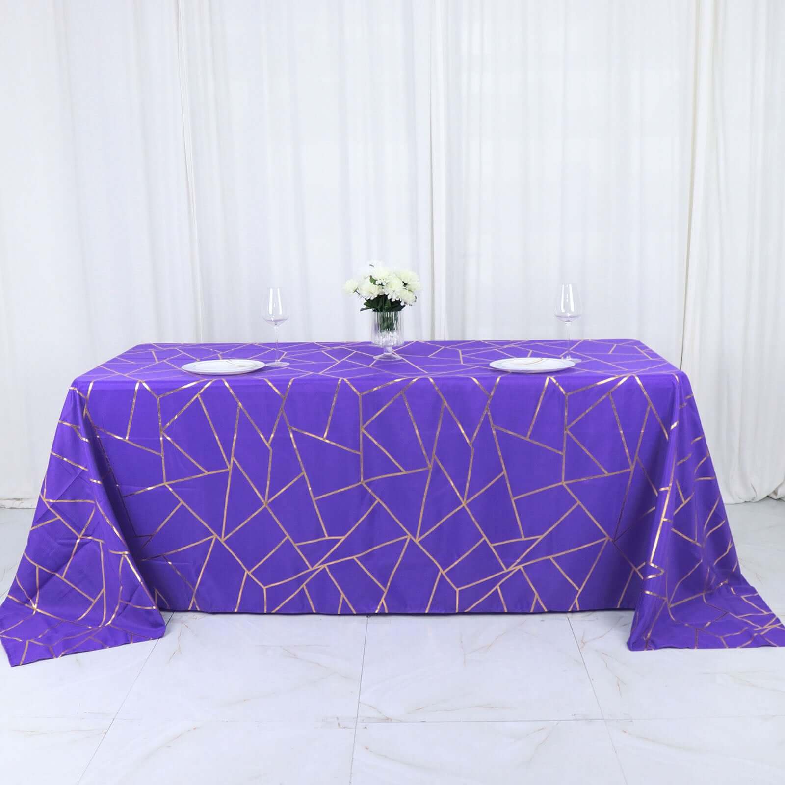 Wrinkle-Resistant Purple Polyester Tablecloth with Gold Foil Geometric Pattern, 90x132
