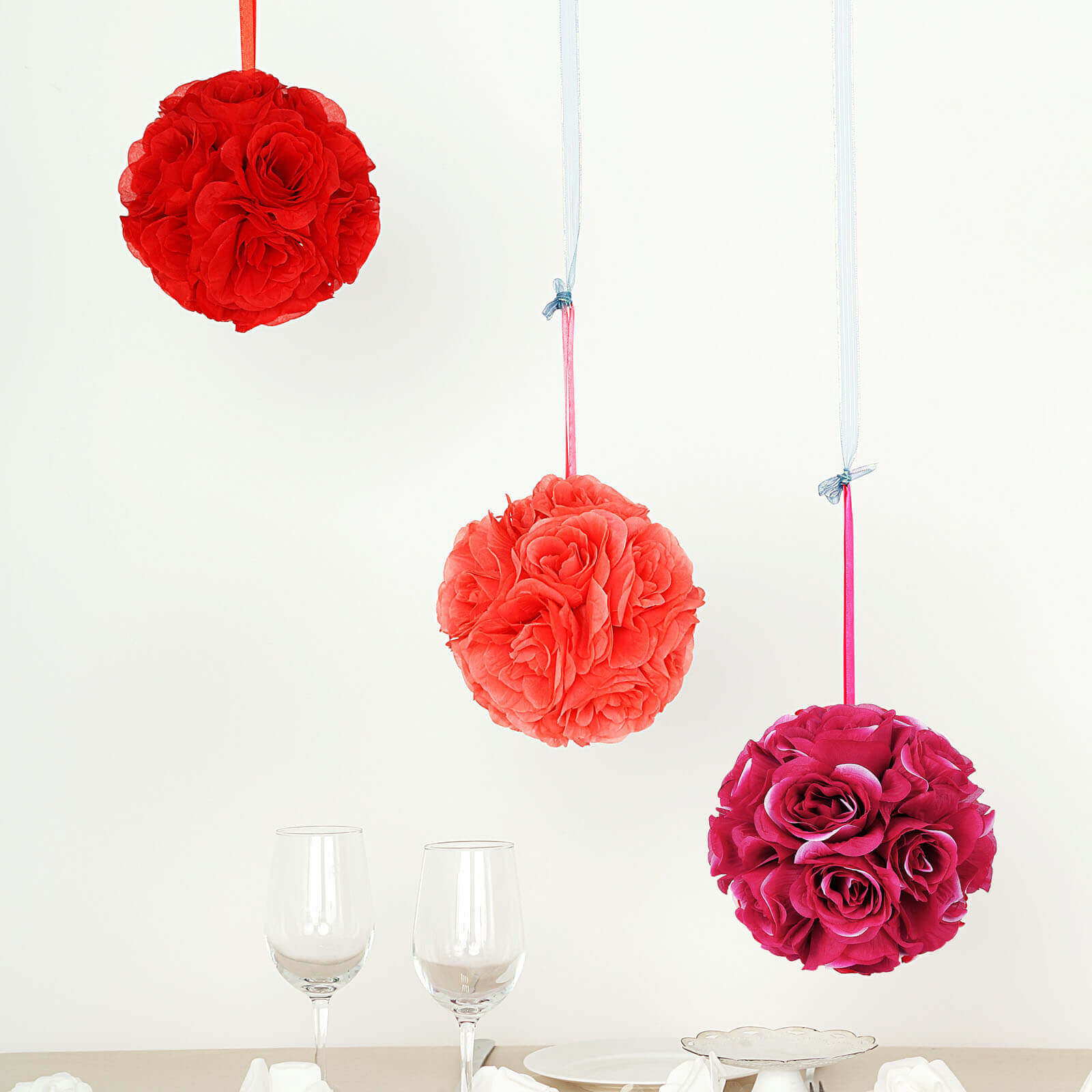 2-Pack 7-Inch Fuchsia Artificial Silk Rose Kissing Flower Balls for Decor