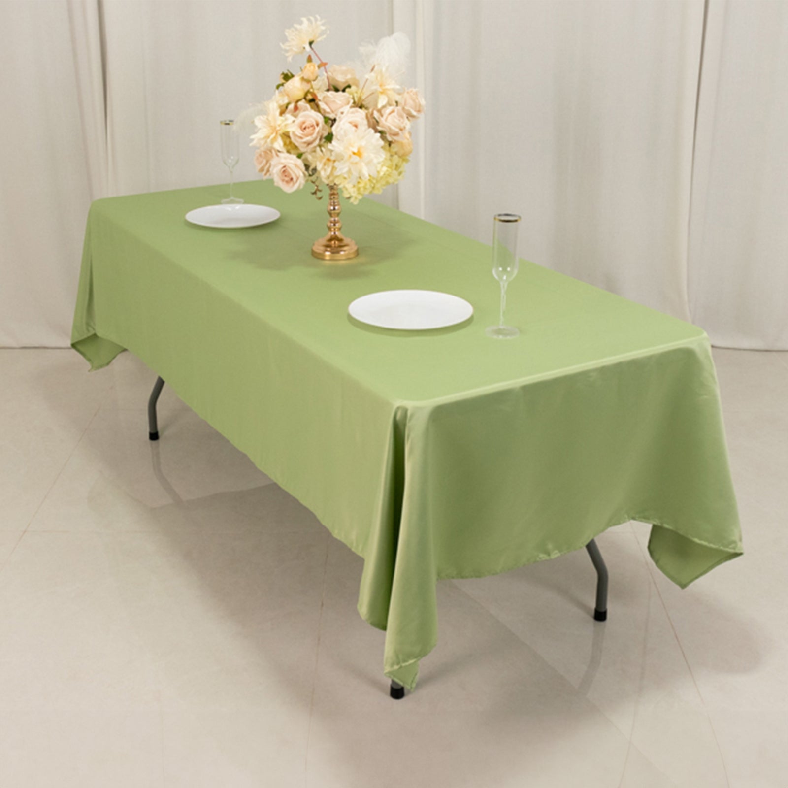 Get This Durable & Silky Soft Lamour Satin Rectangle Tablecloth in Sage Green (60x102)