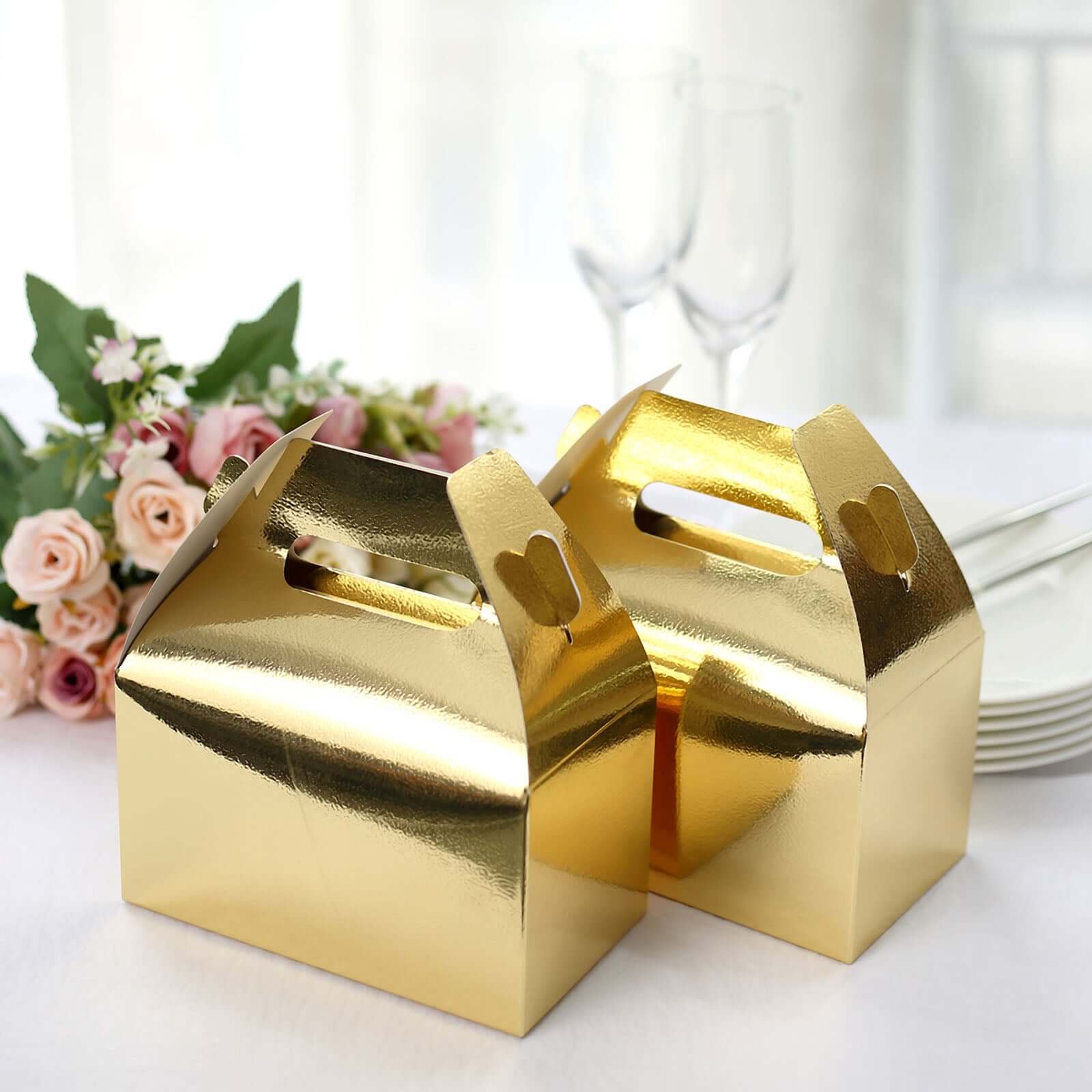25-Pack Metallic Gold Party Favor Gable Tote Boxes for Candy Gifts, 6x3.5x7