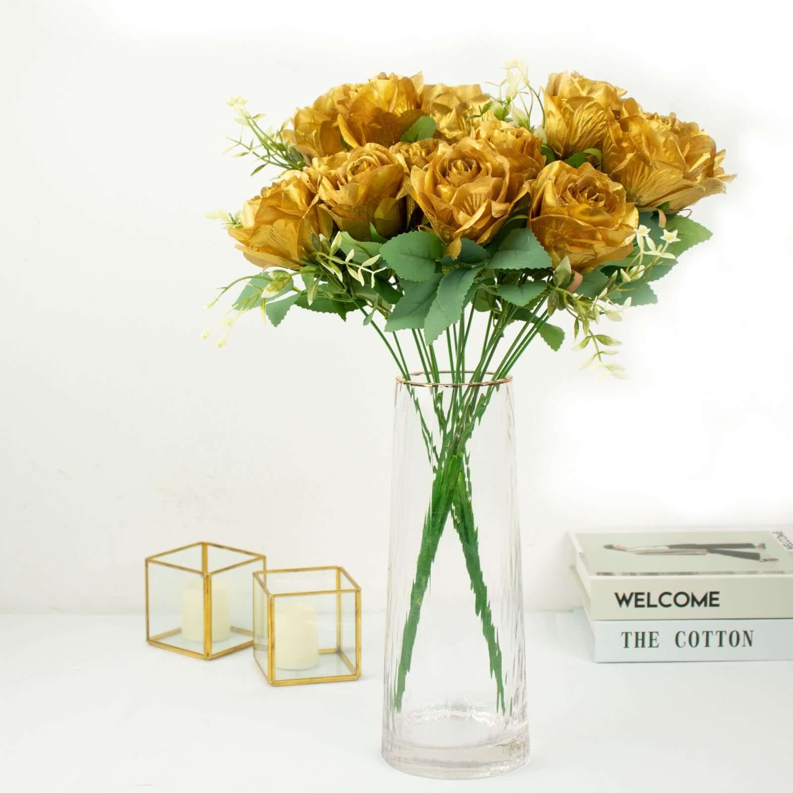 2 Bushes of 18 Realistic Touch Gold Silk Artificial Rose Flower Bouquets with Long Stems