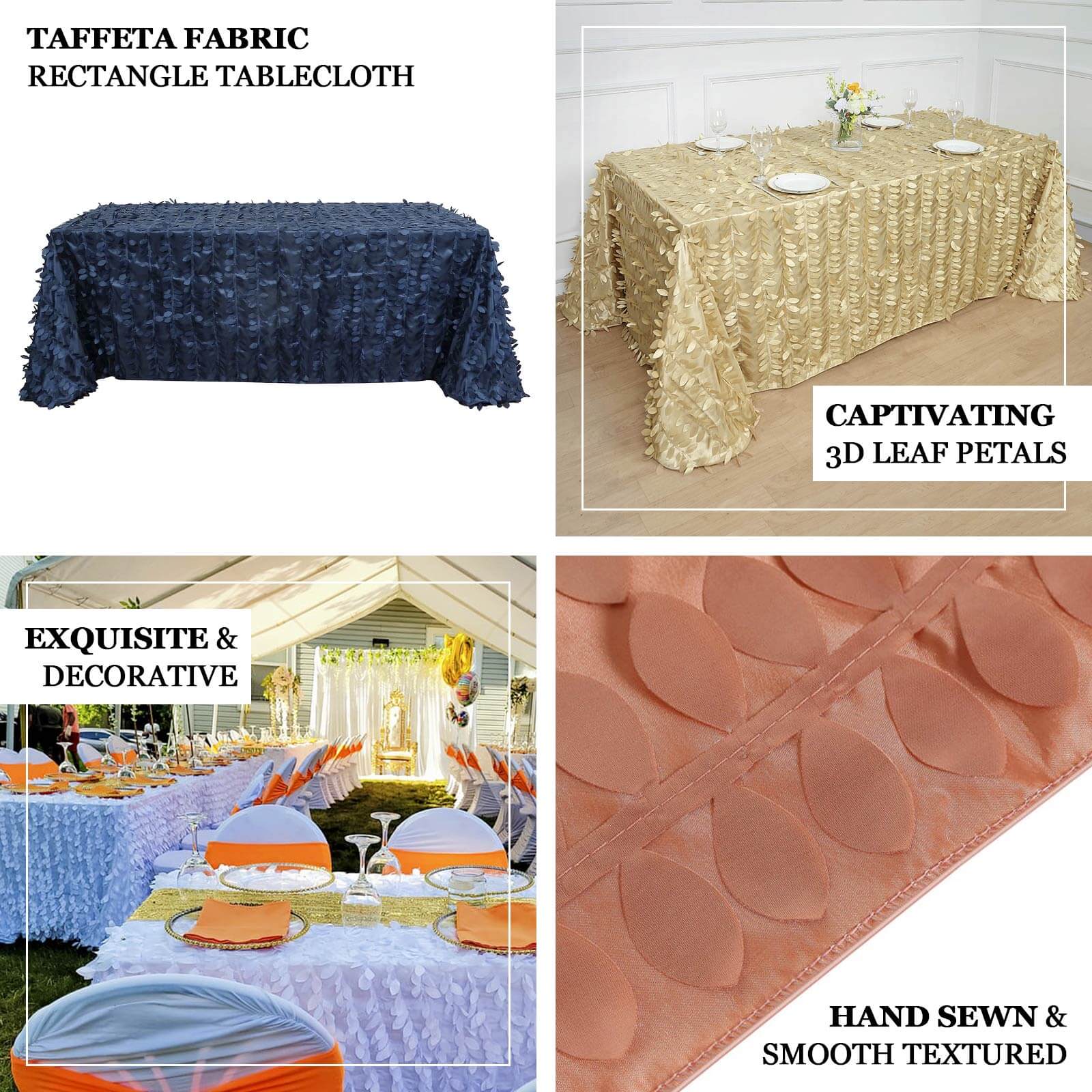 Dusty Rose Taffeta Rectangle Tablecloth 90x132 with 3D Seamless Leaf Petal Design