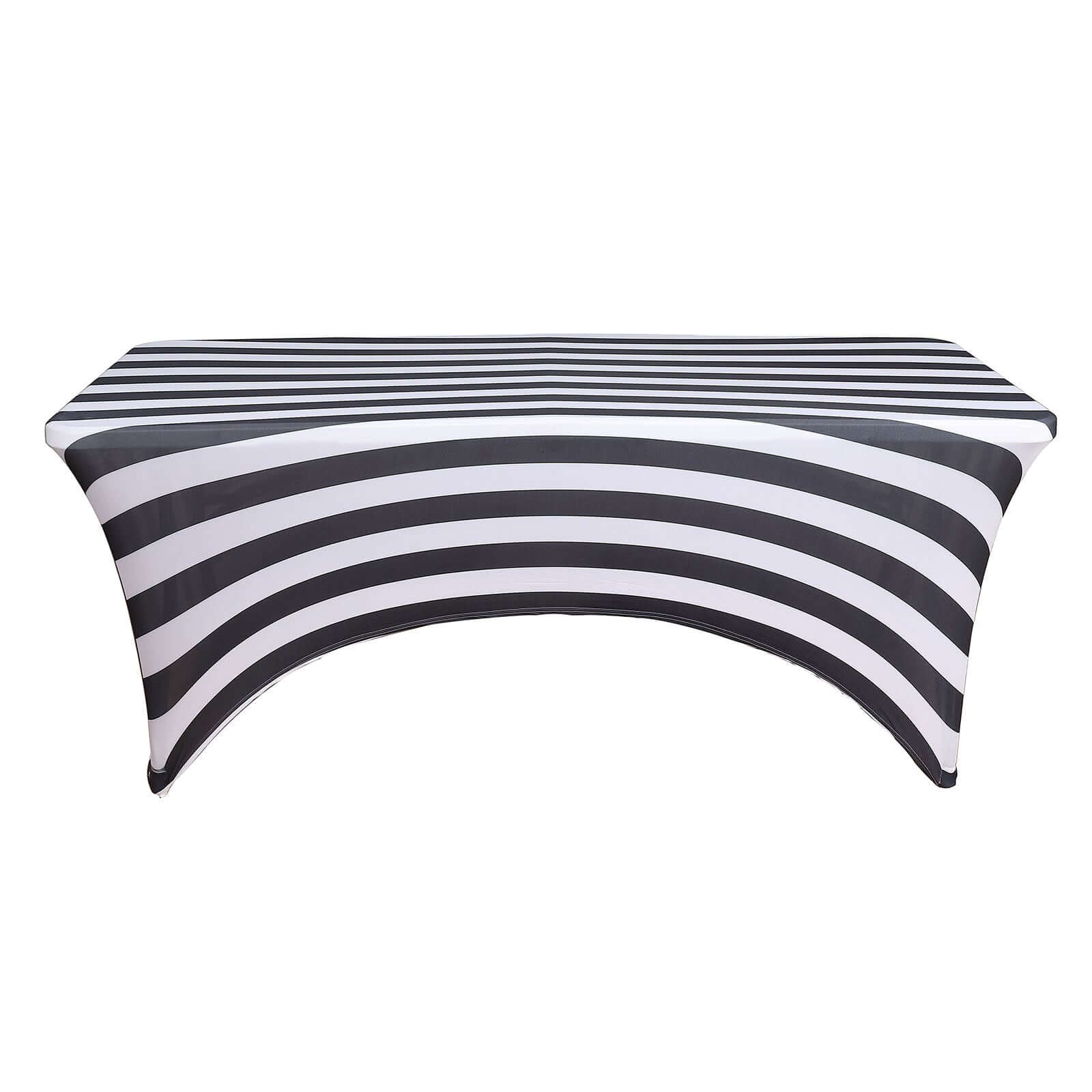 Exclusive Durable 8ft Stretch Spandex Rectangle Tablecloth with Black/White Vertical Stripes for Events