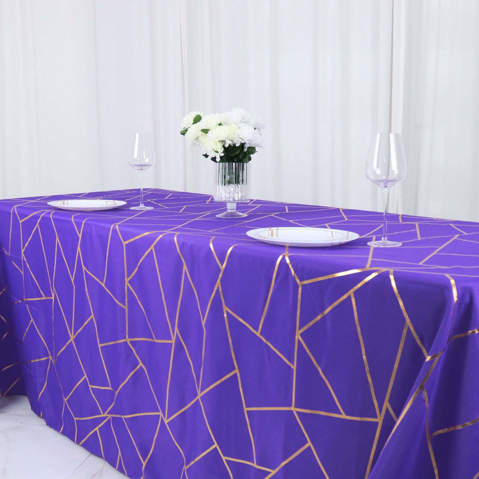 Wrinkle-Resistant Purple Polyester Tablecloth with Gold Foil Geometric Pattern, 90x132