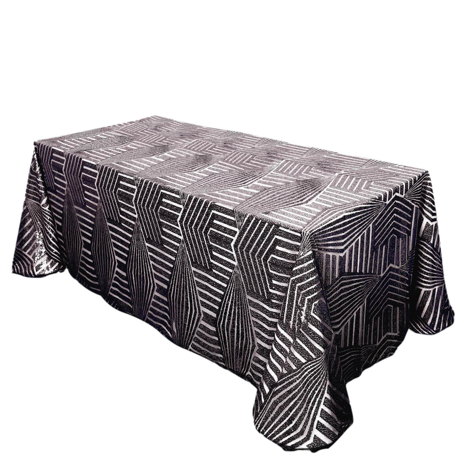 Exclusive Black Sequin Rectangle Tablecloth with Diamond Pattern, 90x132 inches
