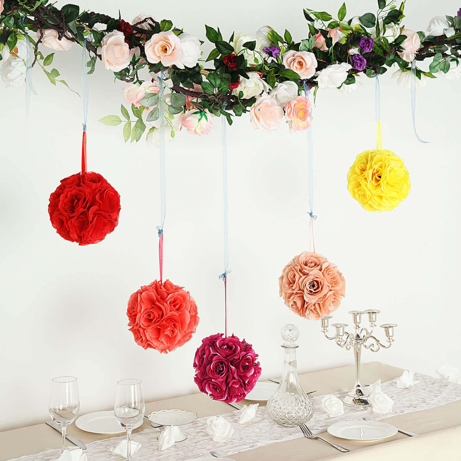 2-Pack 7-Inch Fuchsia Artificial Silk Rose Kissing Flower Balls for Decor