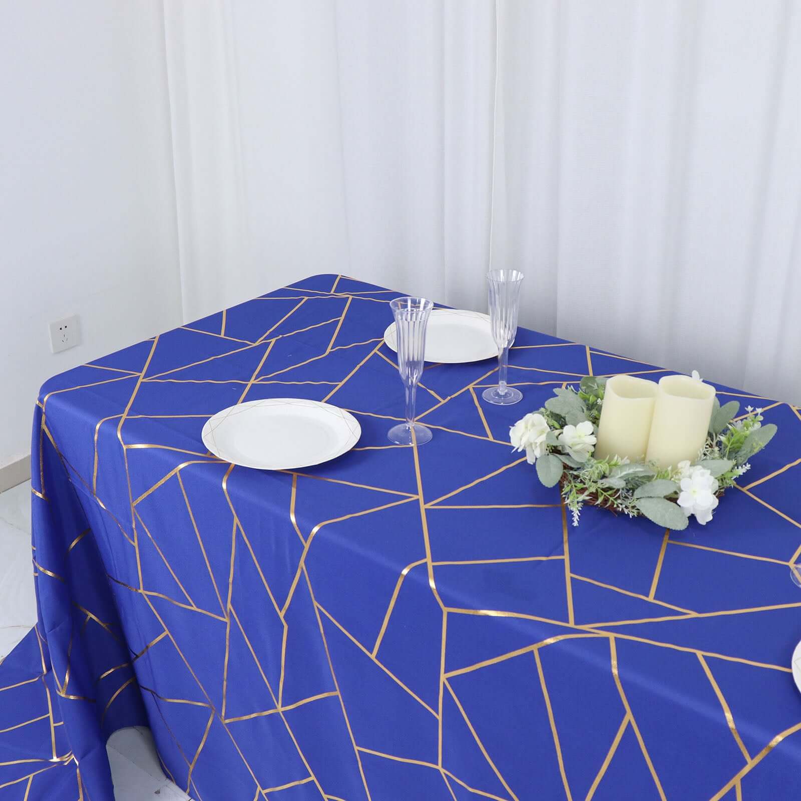 Royal Blue Polyester Tablecloth with Gold Foil Geometric Pattern - Wrinkle-Resistant for Events