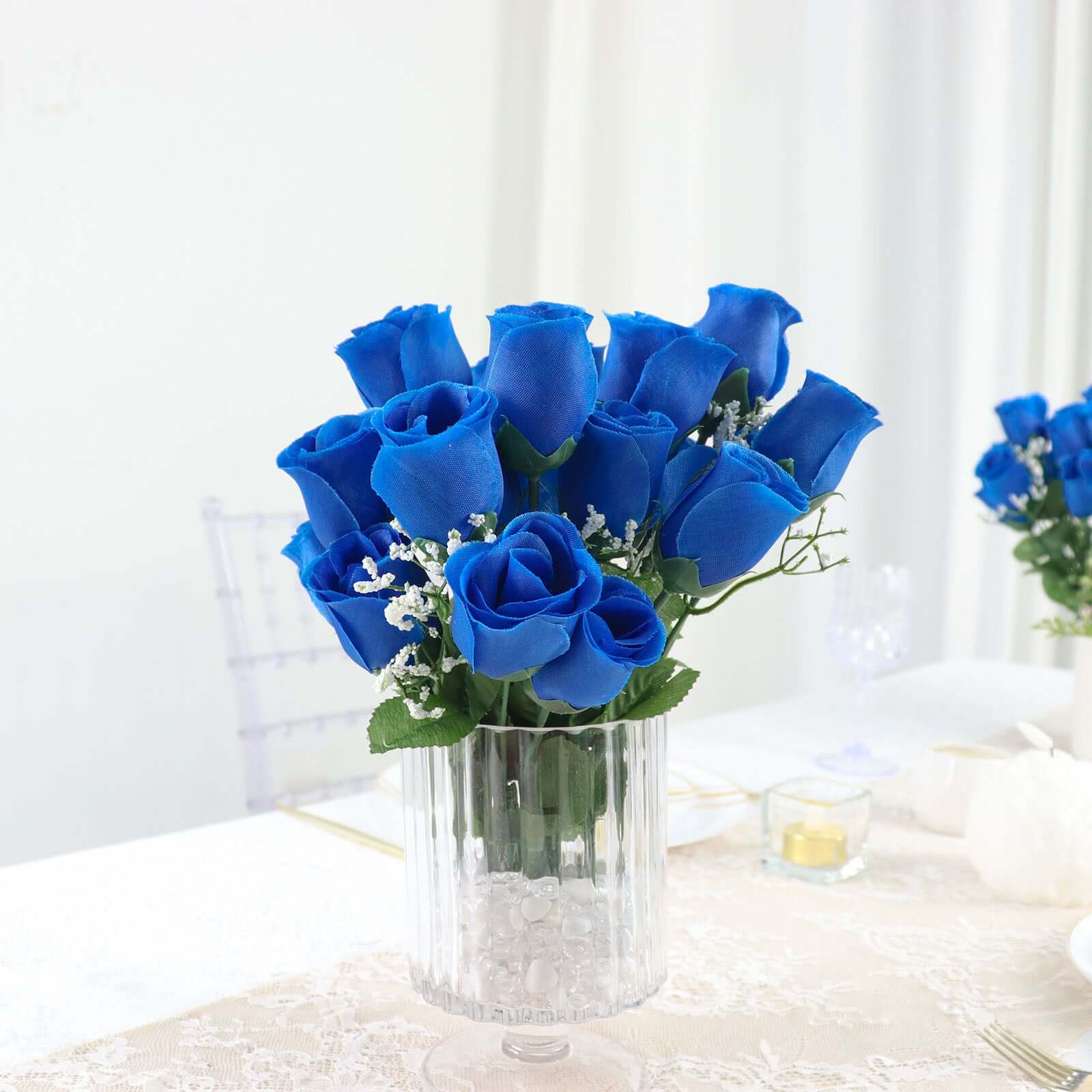 12 Bushes of Premium Royal Blue Artificial Silk Rose Bud Bouquets