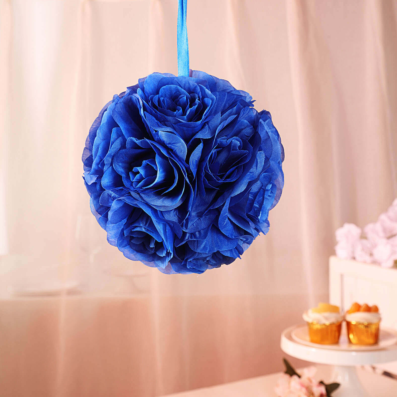 2-Pack 7-Inch Royal Blue Artificial Silk Rose Kissing Balls for Decor