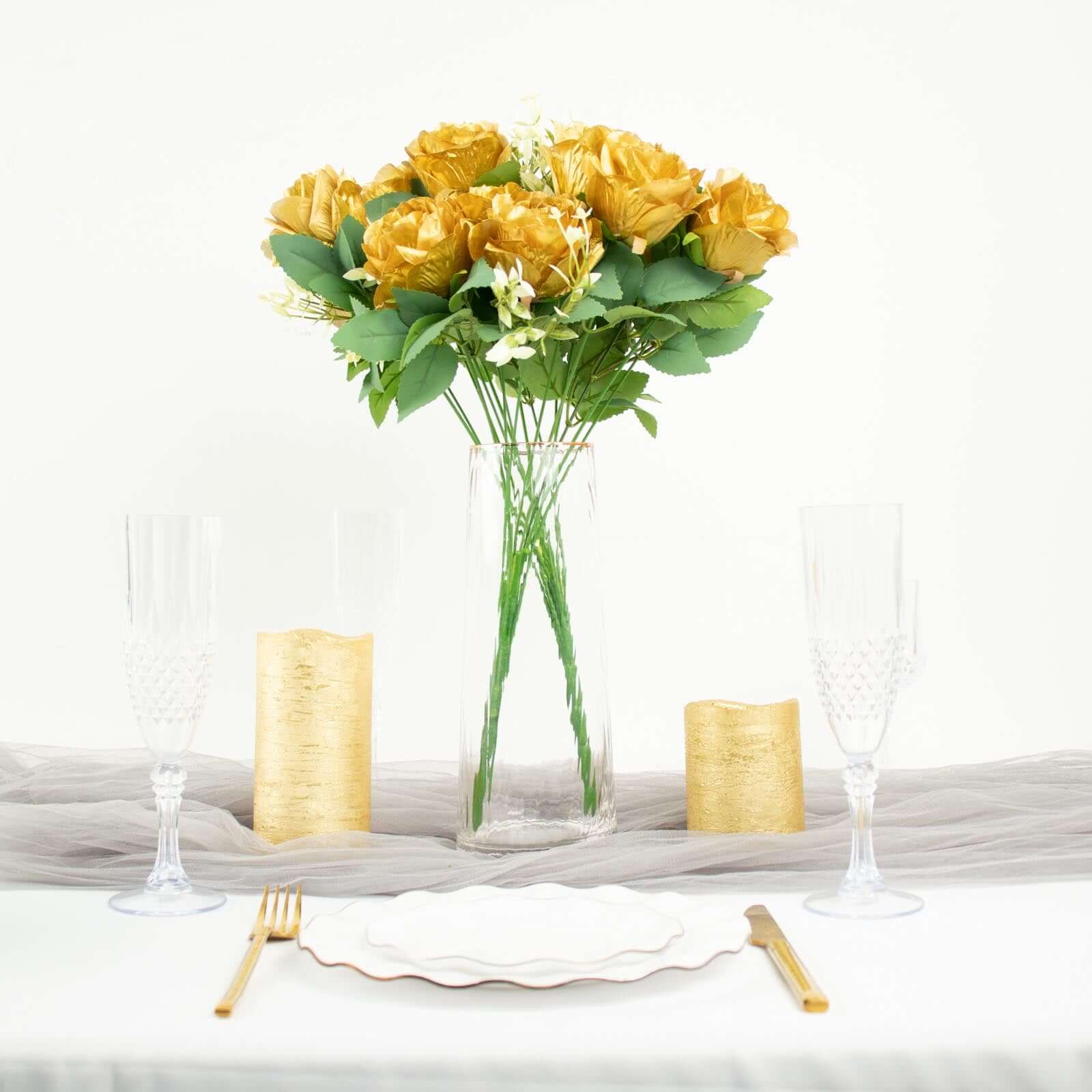 2 Bushes of 18 Realistic Touch Gold Silk Artificial Rose Flower Bouquets with Long Stems