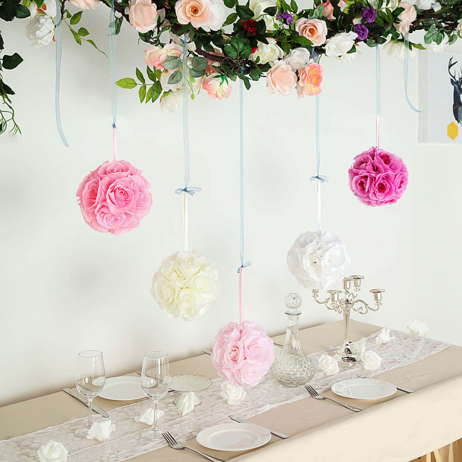 2-Pack Set of 7-Inch White Artificial Silk Rose Kissing Faux Flower Balls
