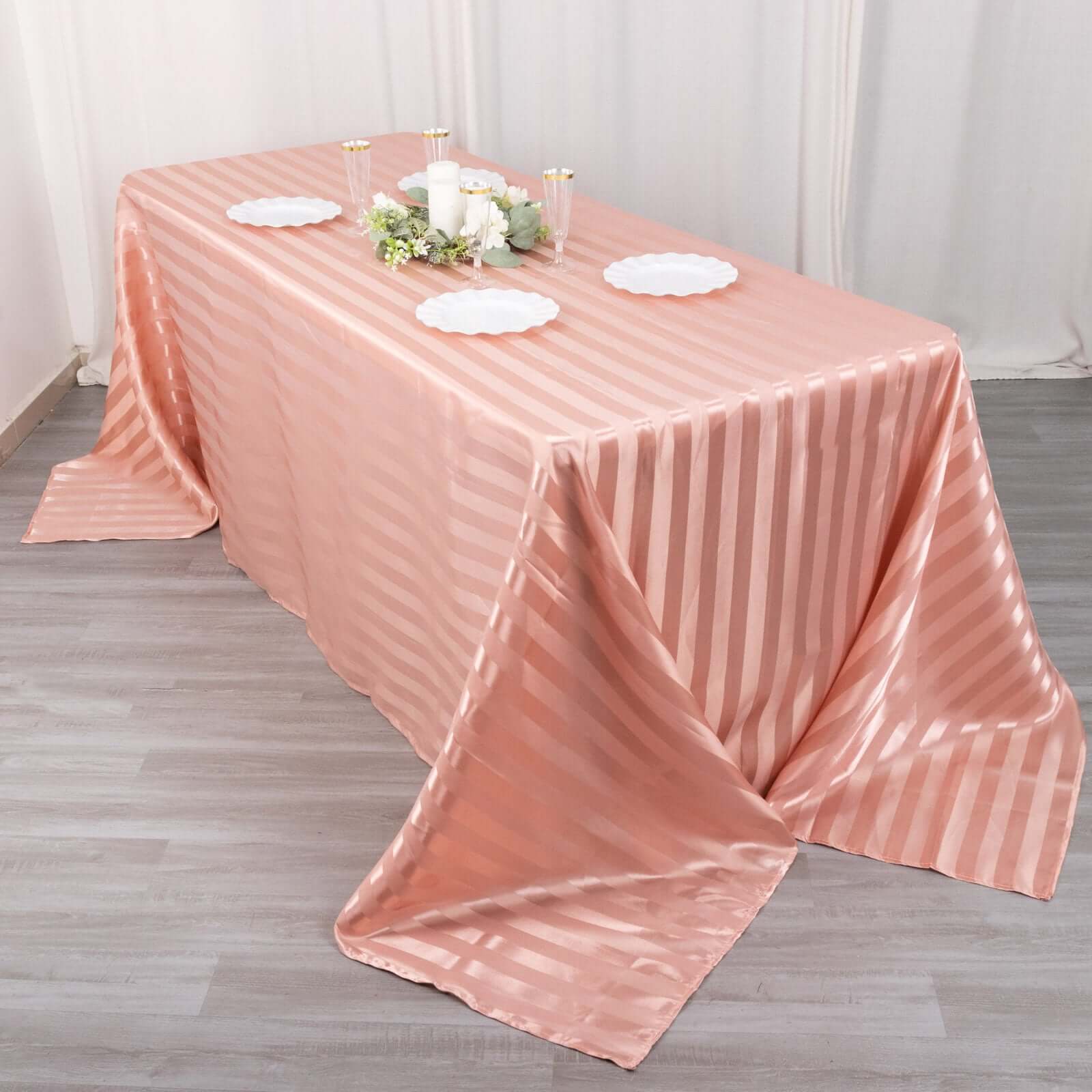 Hot Deal! Dusty Rose Satin Rectangular Tablecloth with Glossy Stripes, 90x132 inches