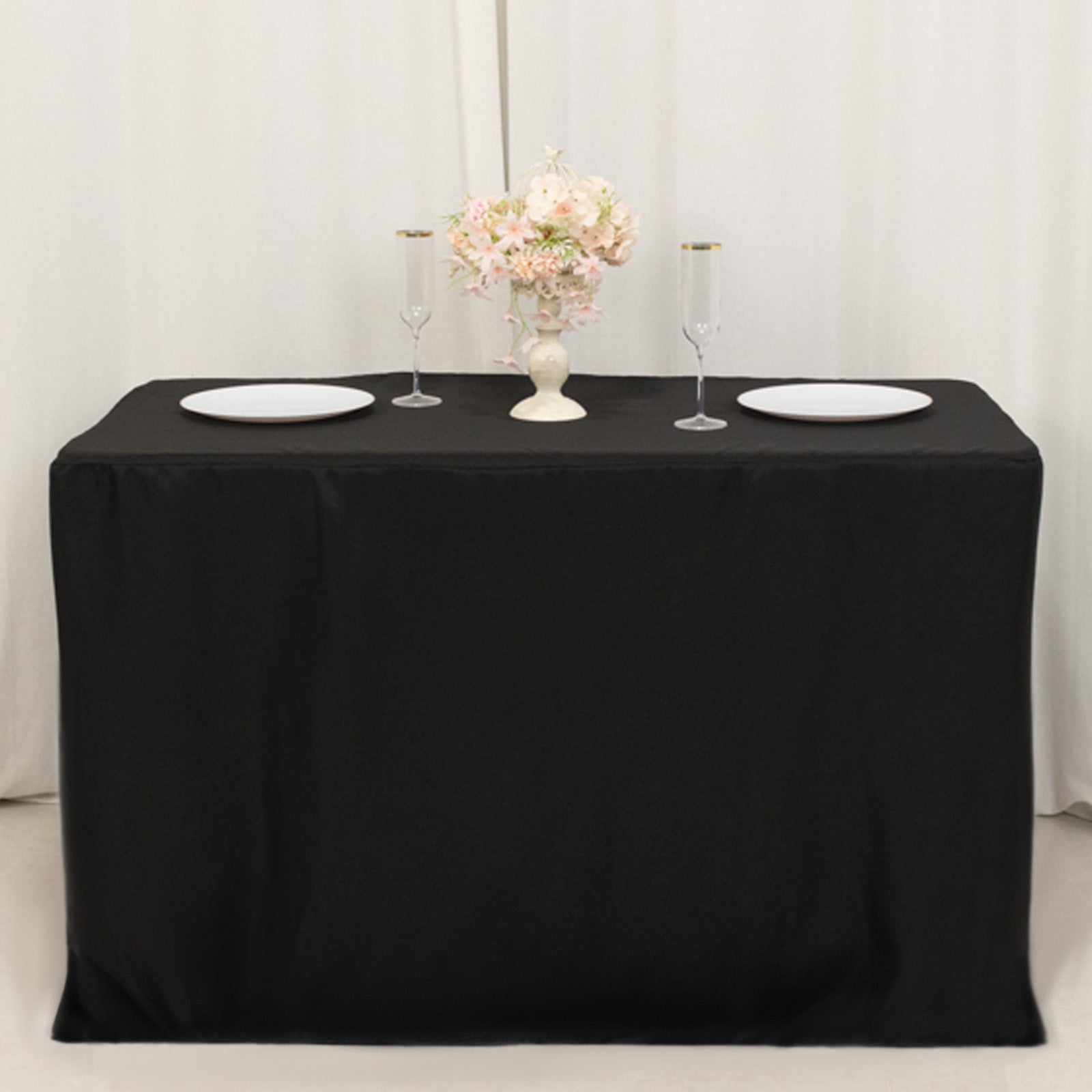 Black Fitted Polyester Rectangle Tablecloth - Ideal for 4ft Tables