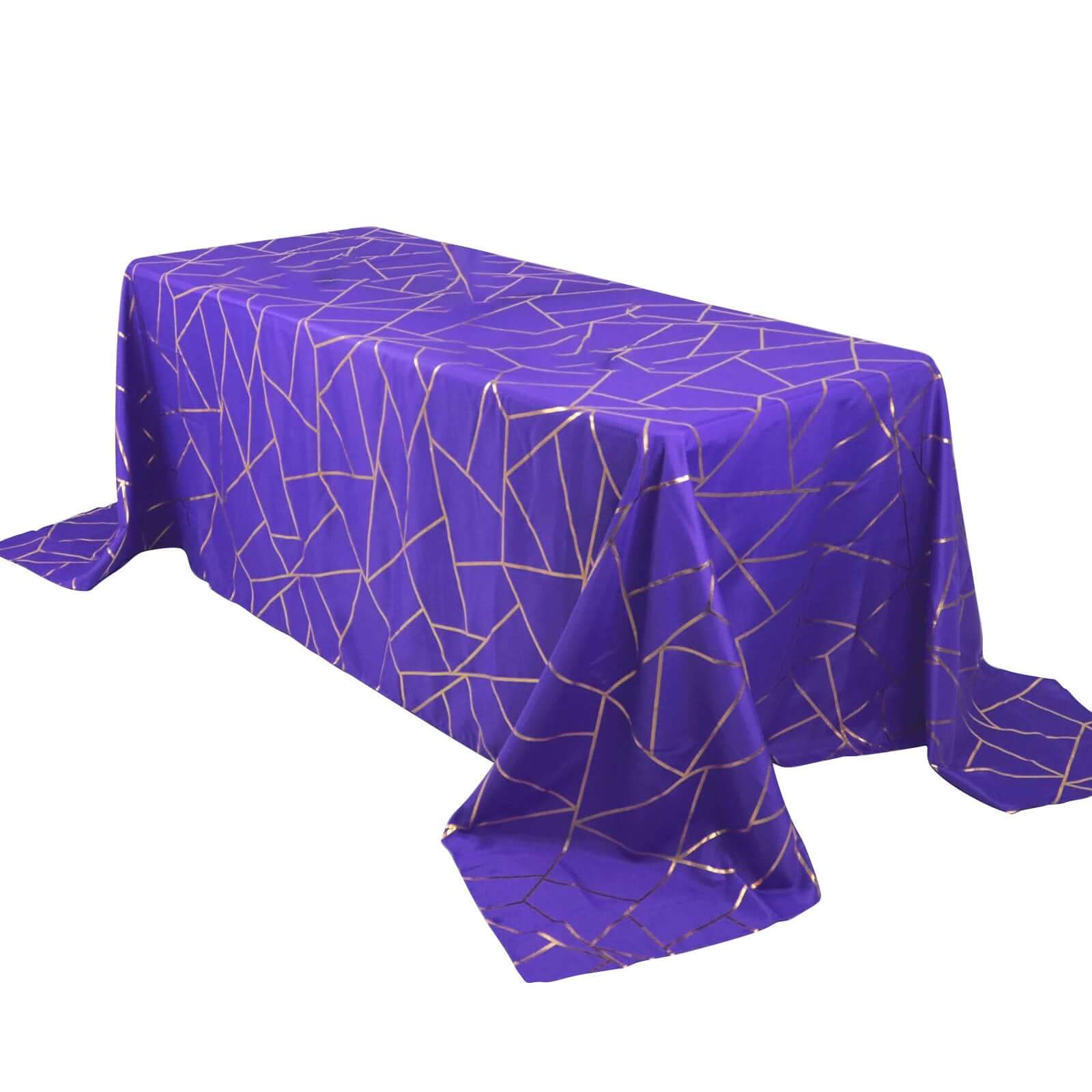 Wrinkle-Resistant Purple Polyester Tablecloth with Gold Foil Geometric Pattern, 90x132