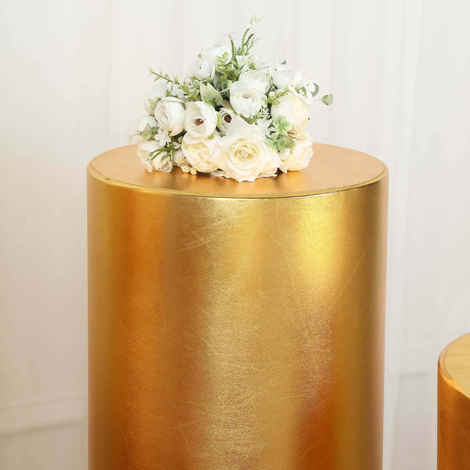 Special Offer! Set of 5 Shiny Metallic Gold Spandex Cylinder Pedestal Stand Covers - 130 GSM