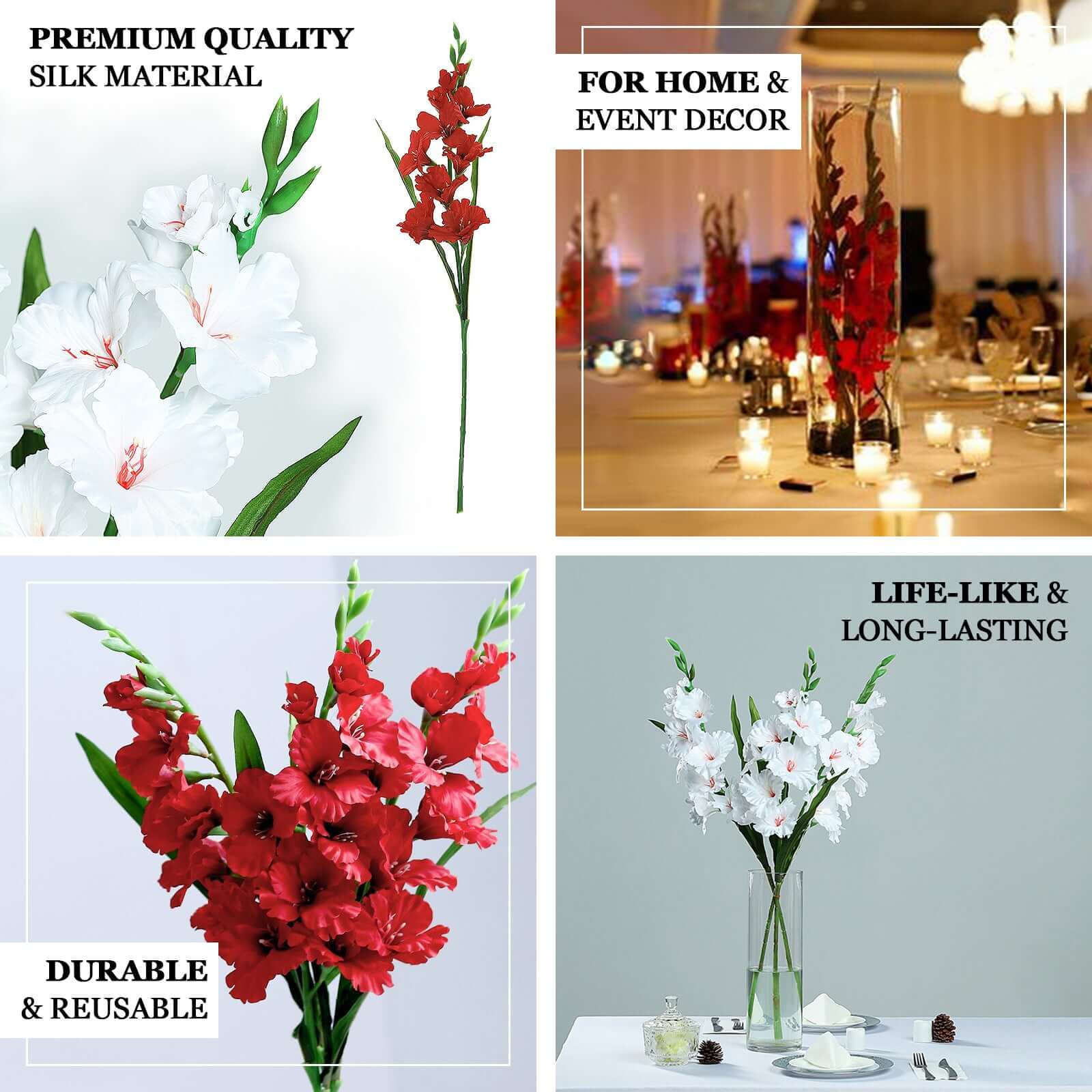 3 Stems of 36-Inch Tall White High-Quality Artificial Silk Gladiolus Flower Spray