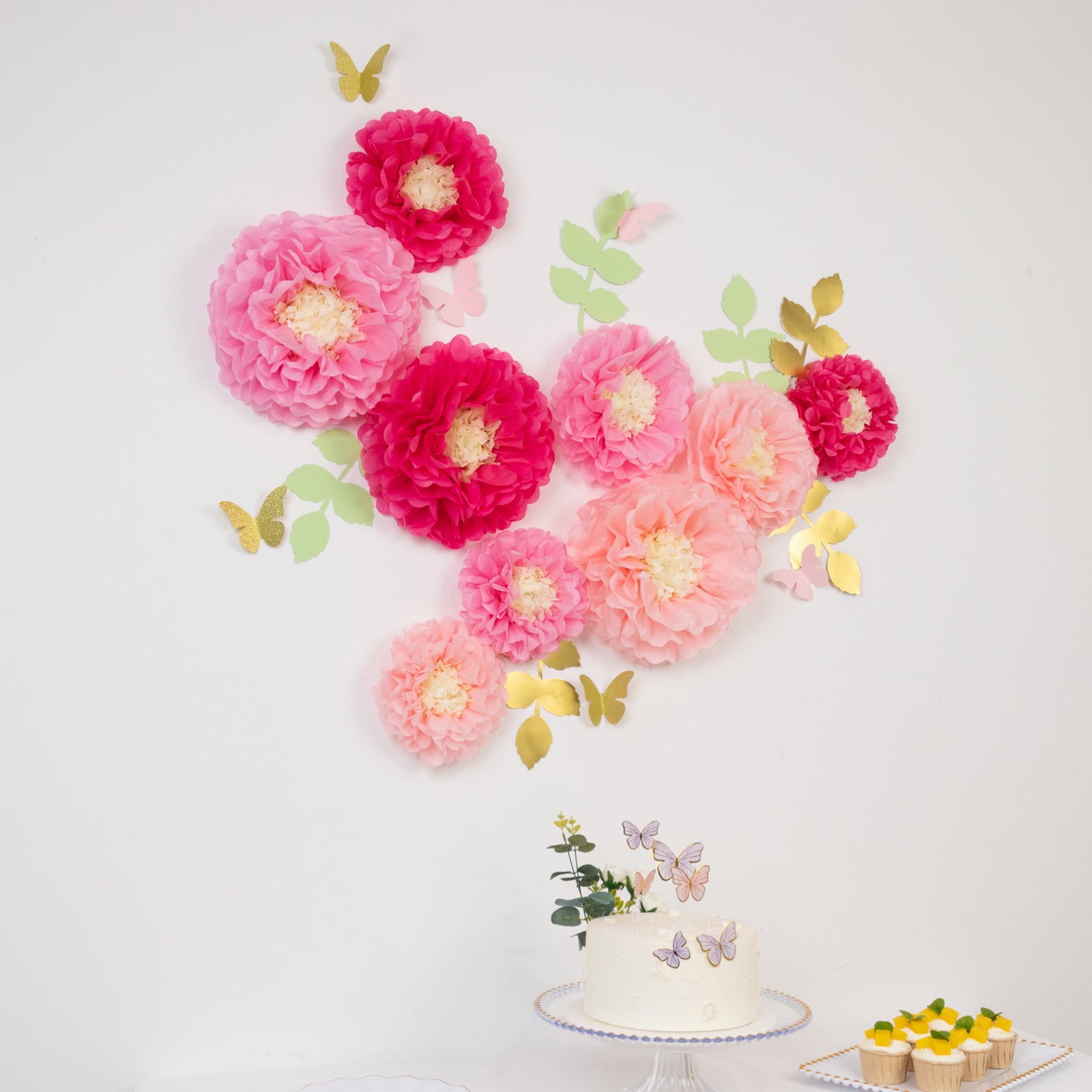 Hot Sale! Set of 21 Tissue Paper Chrysanthemum Pom Poms Decor Kit in Blush Pink with Butterflies & Olive Leaves