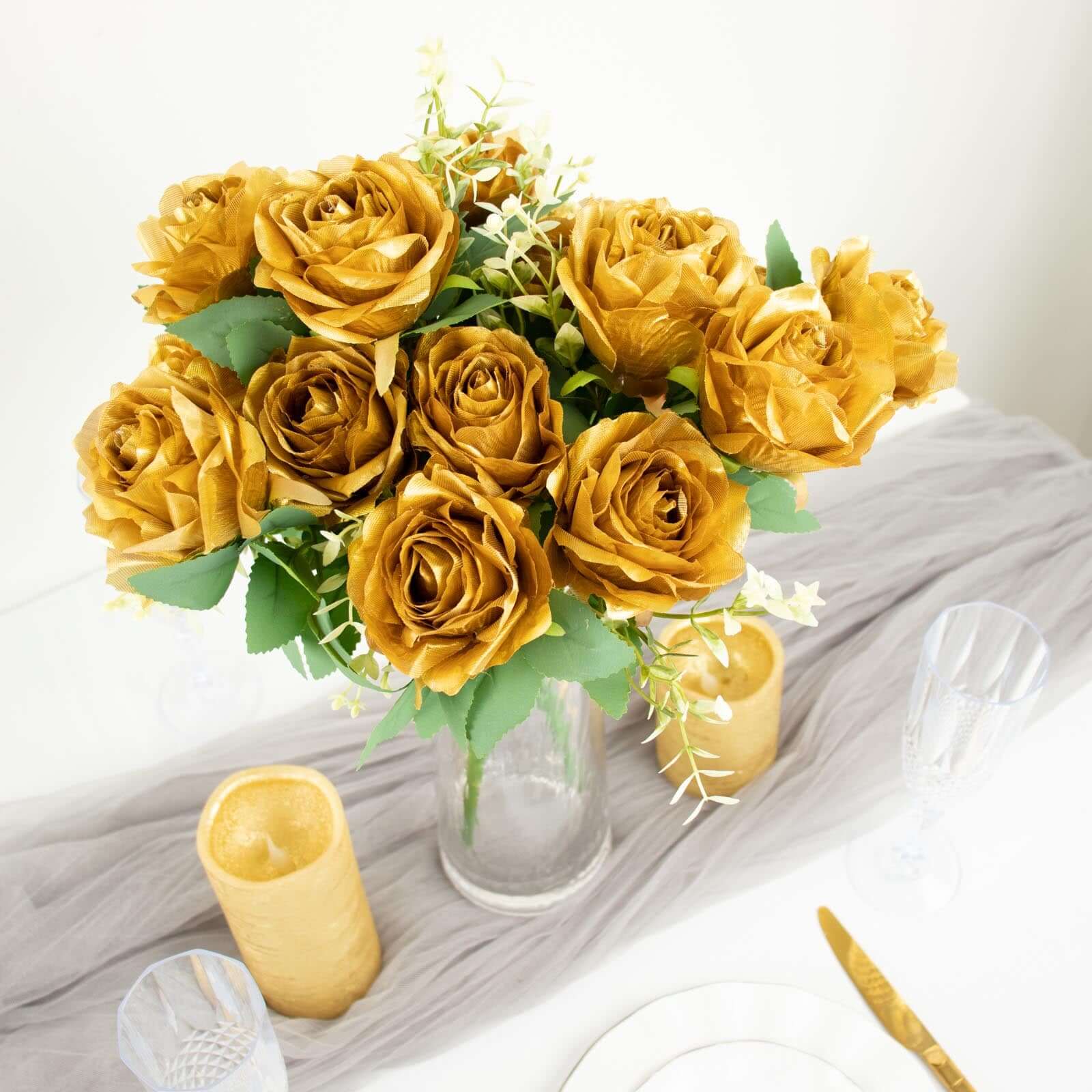 2 Bushes of 18 Realistic Touch Gold Silk Artificial Rose Flower Bouquets with Long Stems