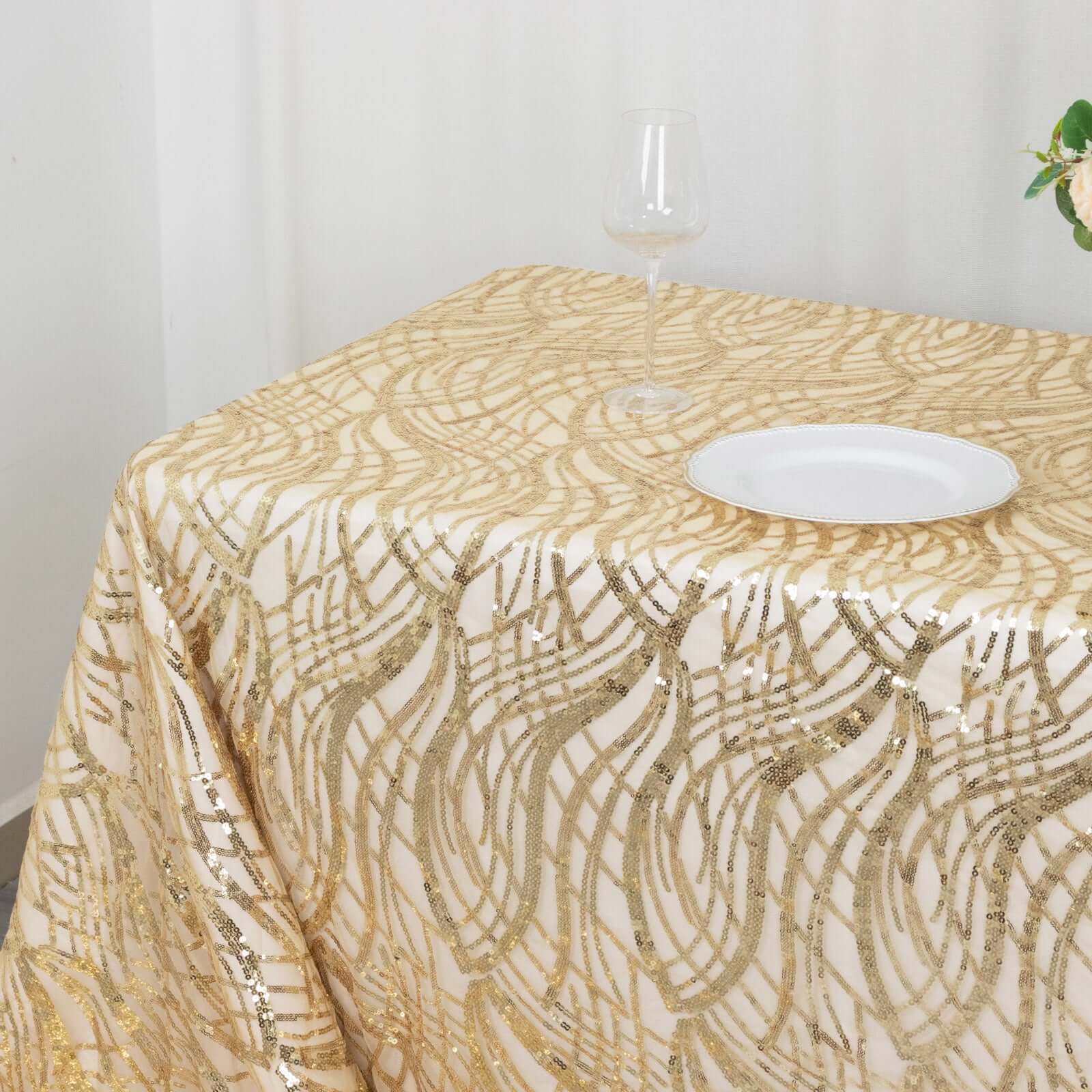 Champagne Sequin-Embroidered Mesh Rectangle Tablecloth 90x156 with Wave Pattern