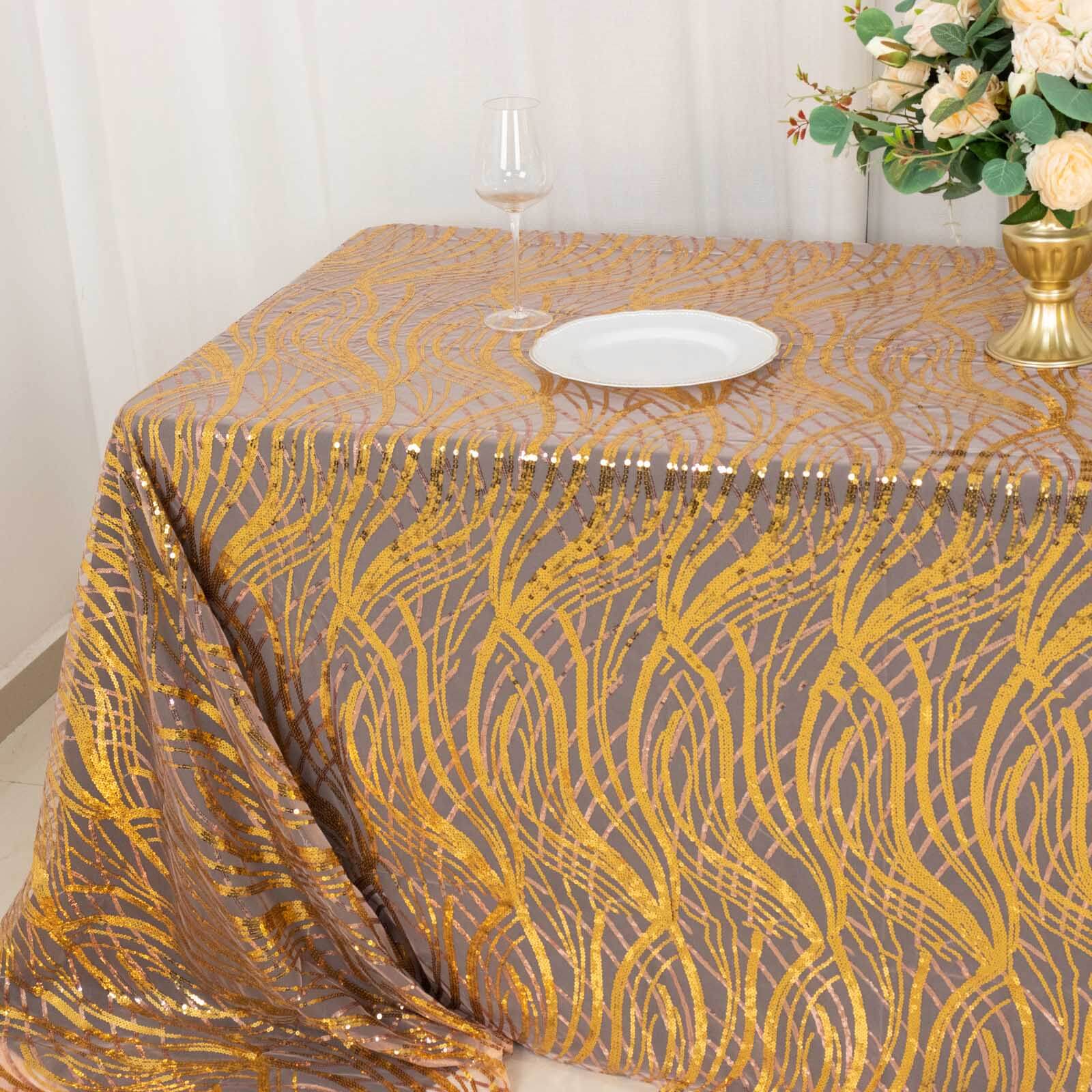 Sparkling Rose Gold/Gold Sequin Embroidered Mesh Rectangle Tablecloth for Special Events