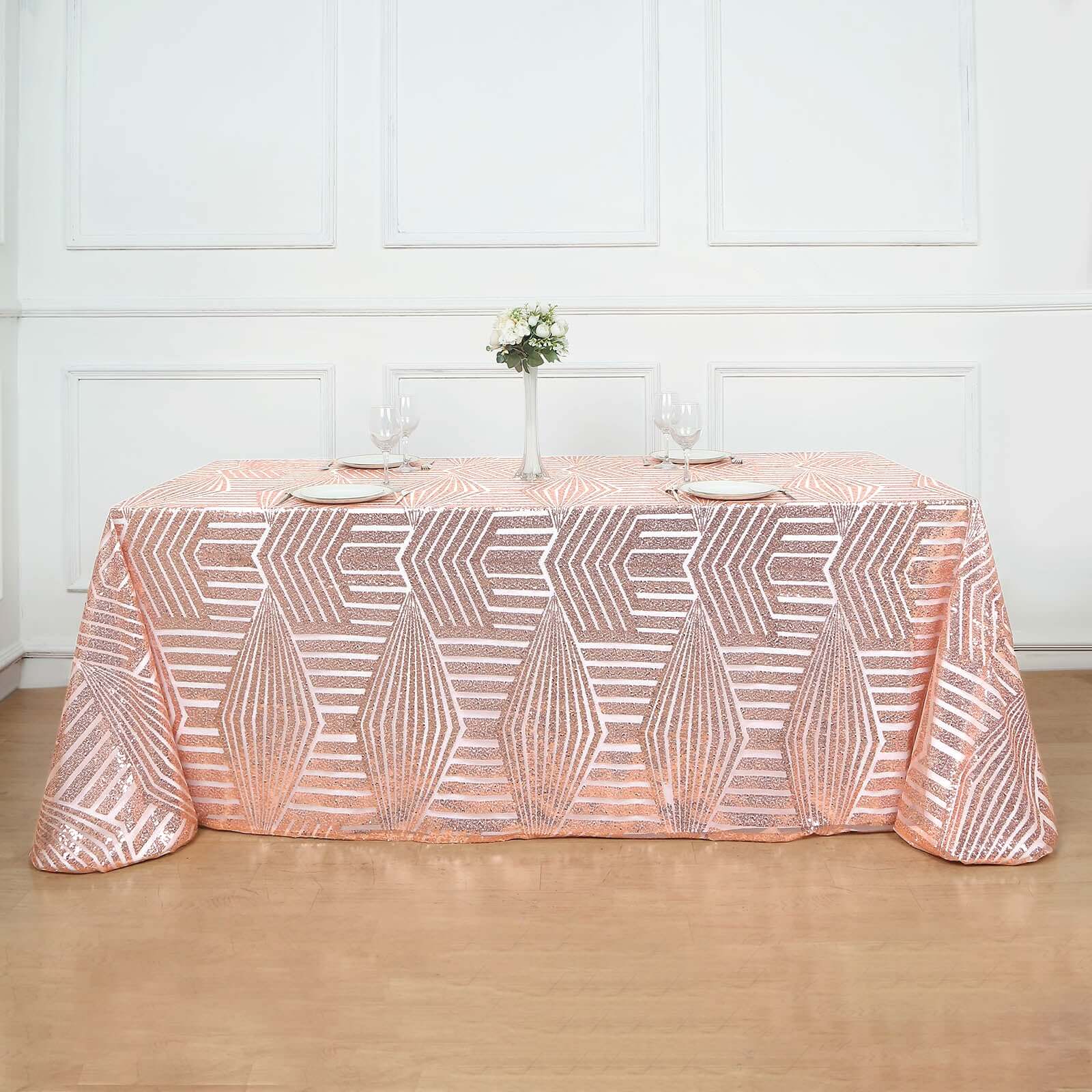 Hot Sale! Rose Gold Sequin Rectangle Tablecloth with Diamond Pattern, 90x132 Size