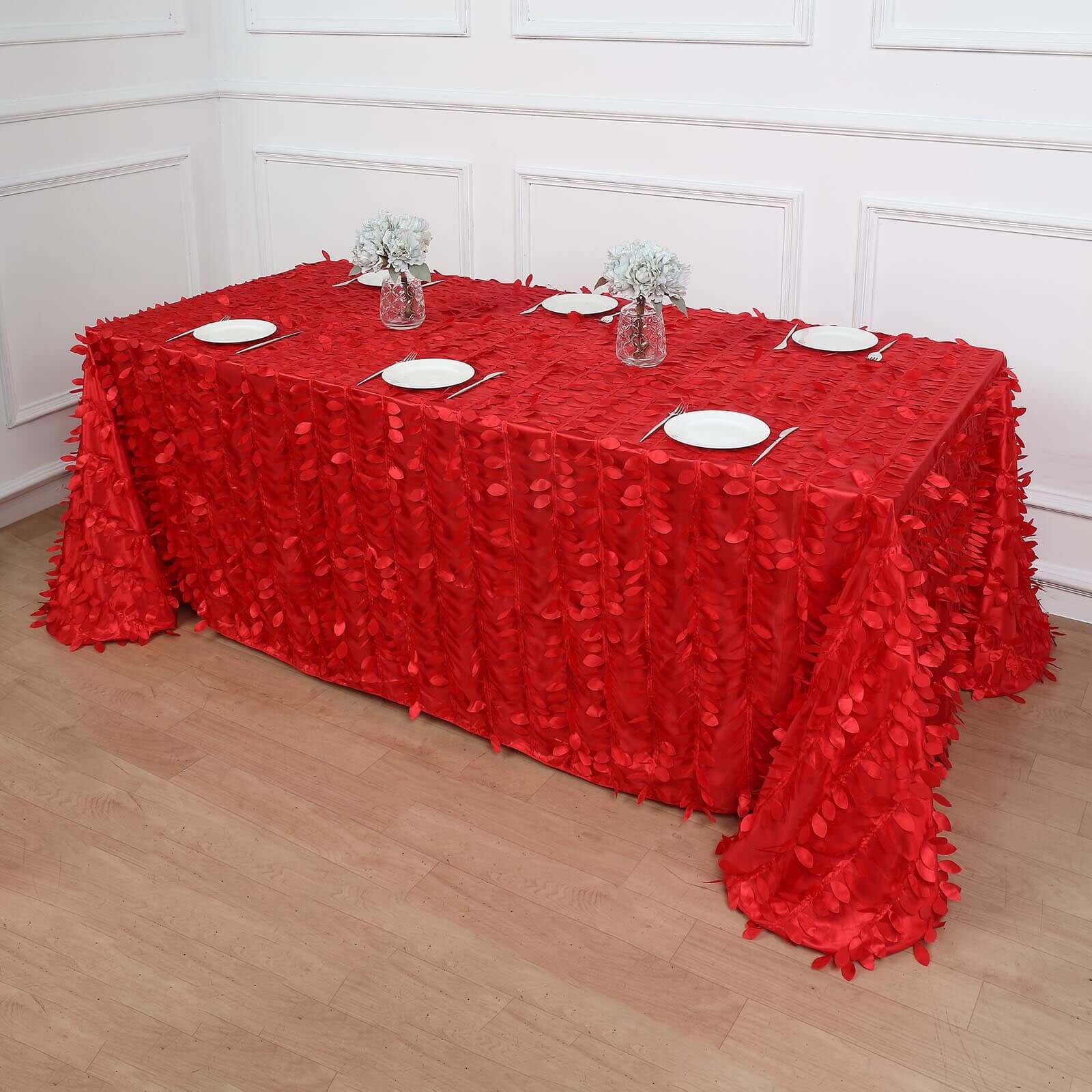 Hot Deal! Red Taffeta Rectangle Tablecloth with 3D Leaf Petal Design, 90x132