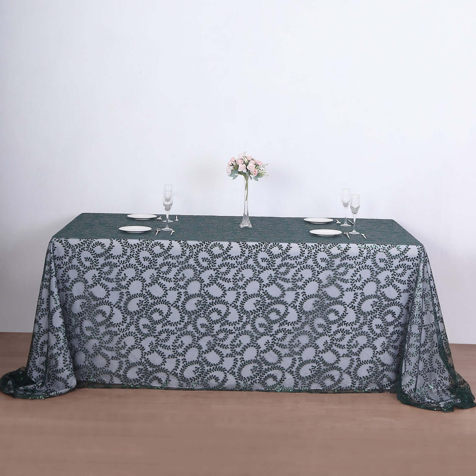 Hunter Emerald Green Sequin Leaf Embroidered 90x156 Rectangle Tulle Tablecloth
