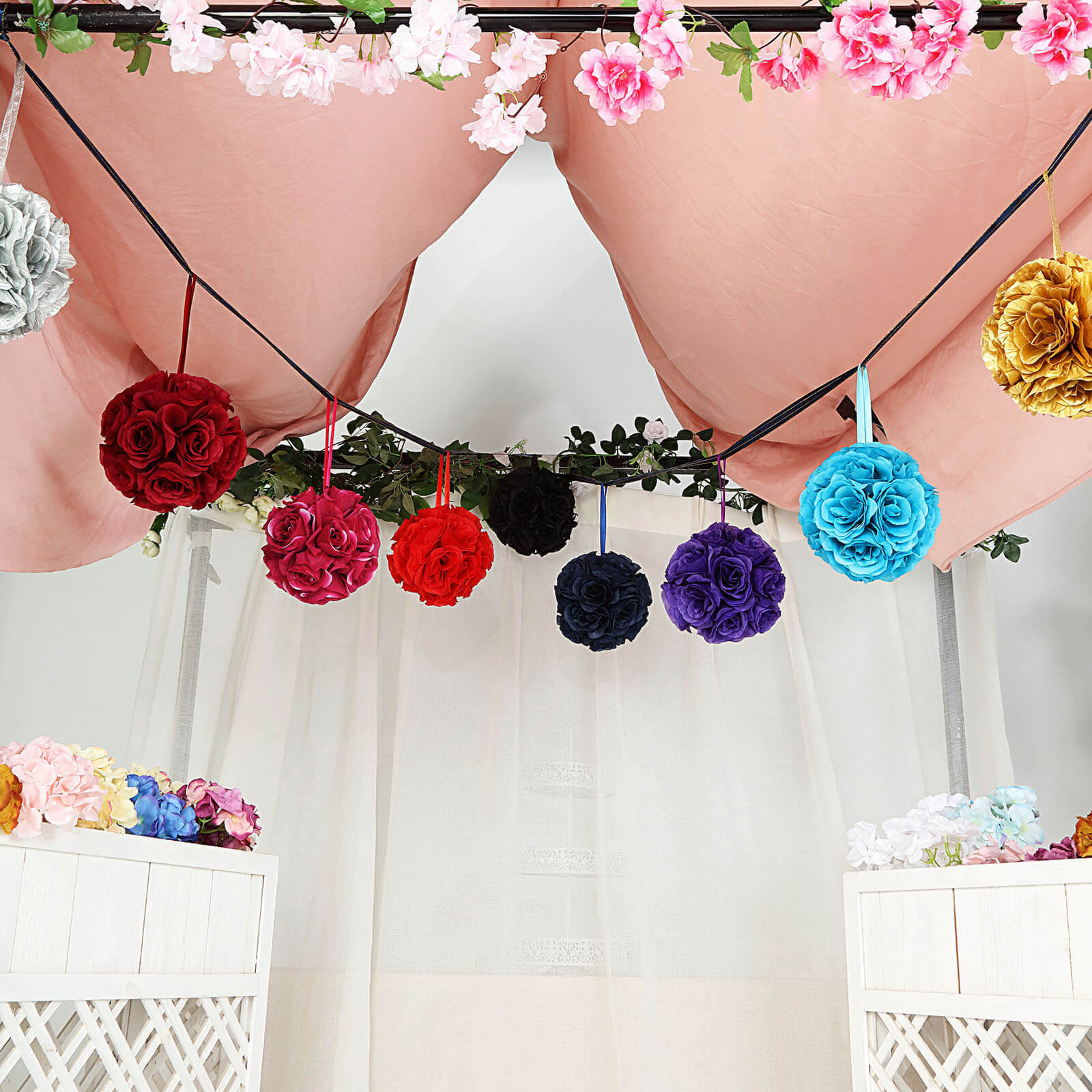 2-Pack 7-Inch Fuchsia Artificial Silk Rose Kissing Flower Balls for Decor