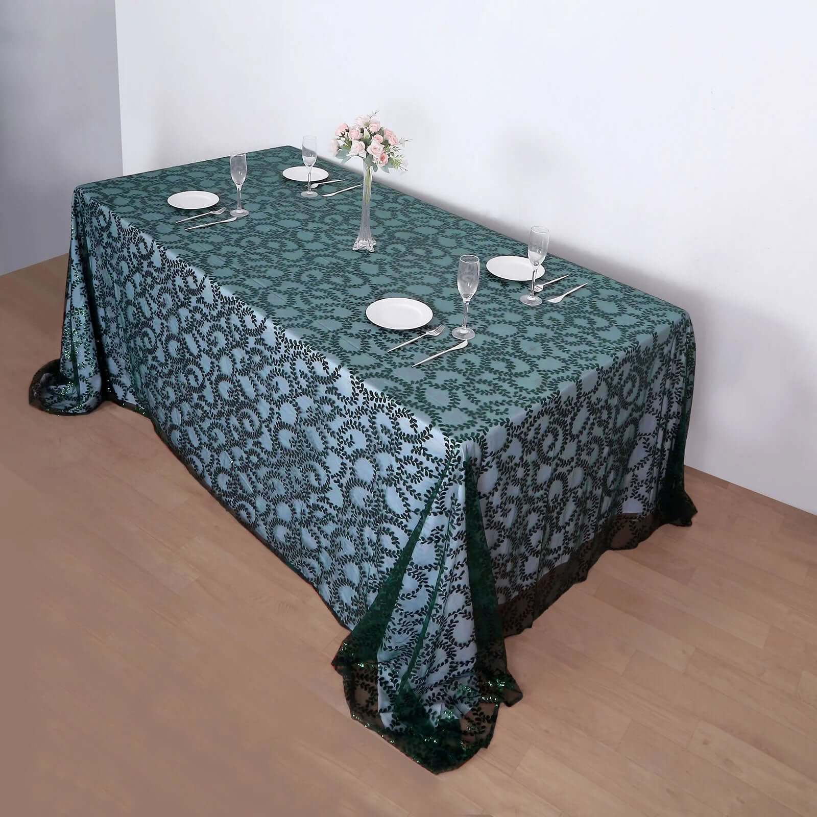 Hunter Emerald Green Sequin Leaf Embroidered 90x156 Rectangle Tulle Tablecloth