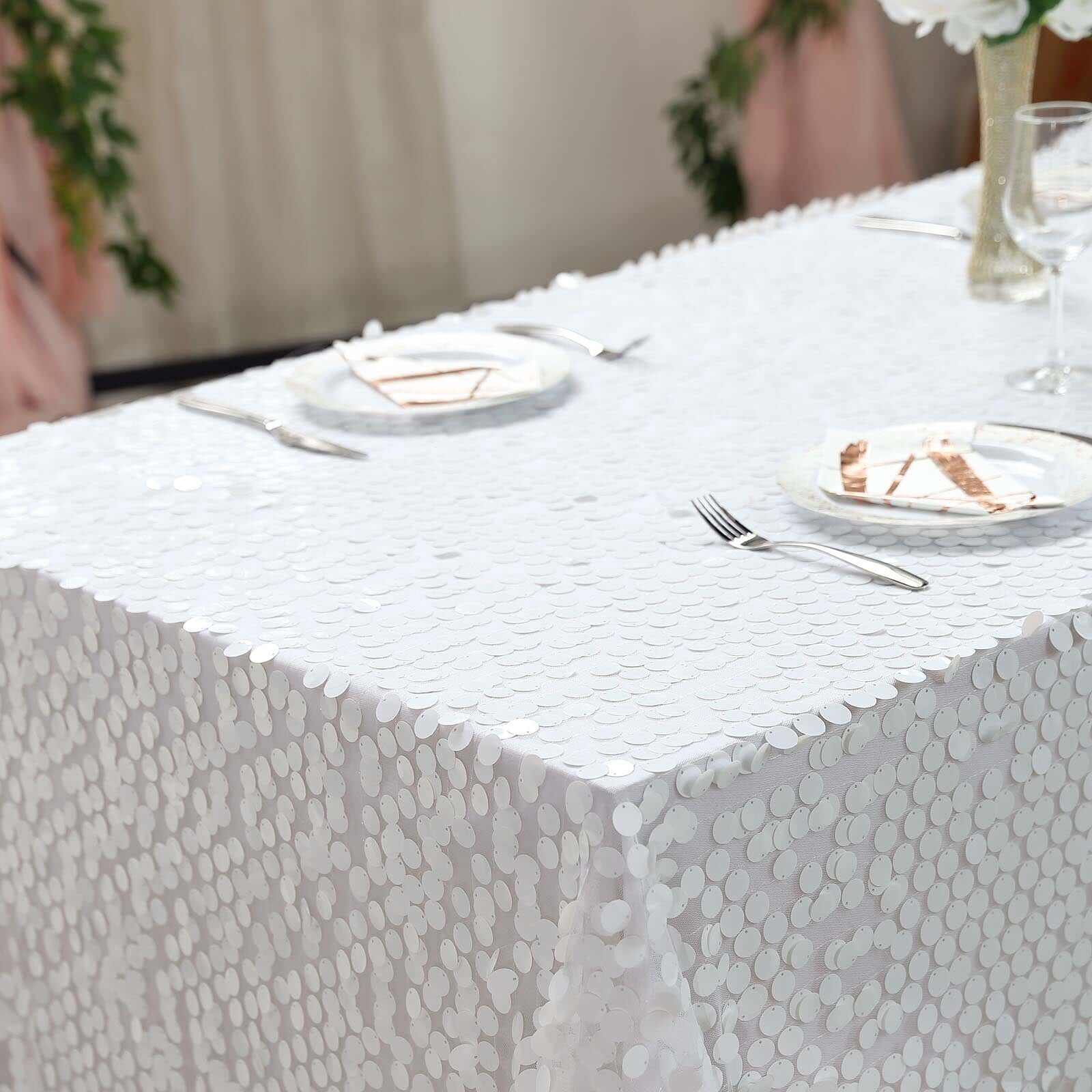 Exclusive Seamless White Sequin Tablecloth, 90x156 Rectangle