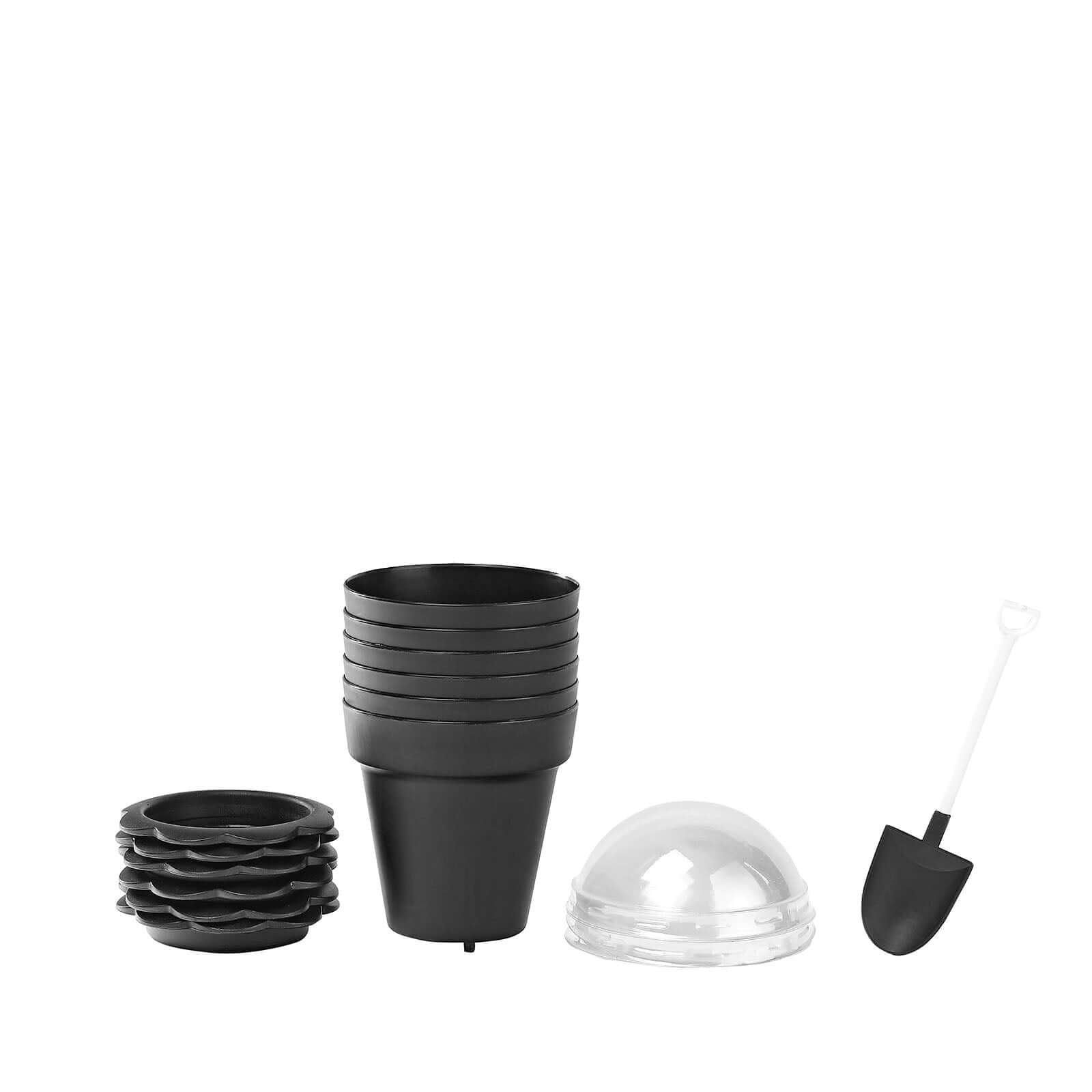 12-Pack Black Plastic Dessert Cups with Succulent Planter Design, Lids & Shovels
