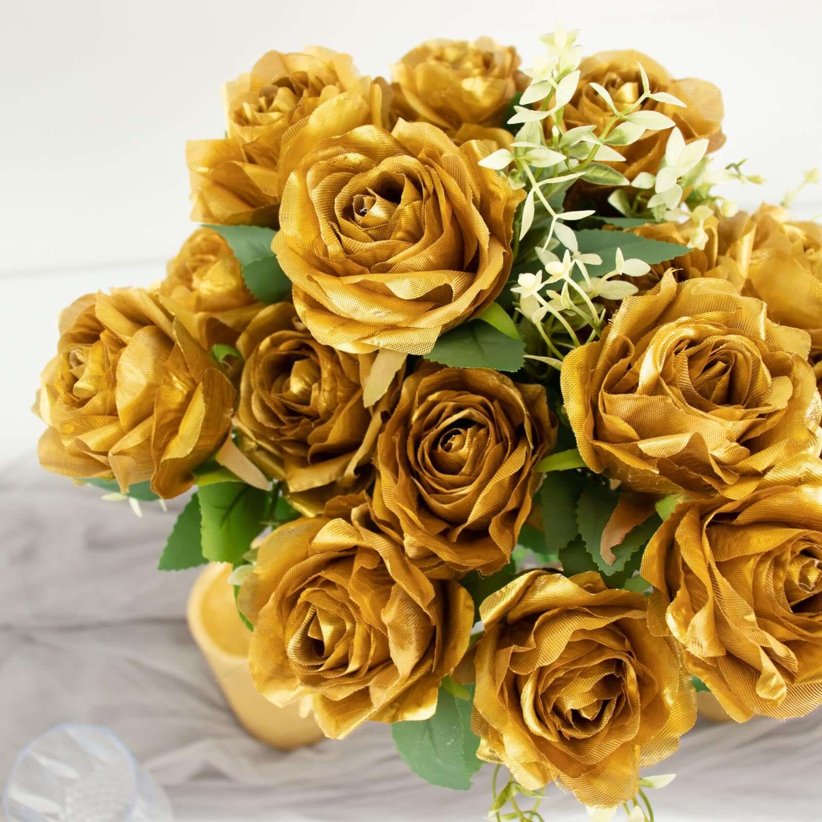 2 Bushes of 18 Realistic Touch Gold Silk Artificial Rose Flower Bouquets with Long Stems
