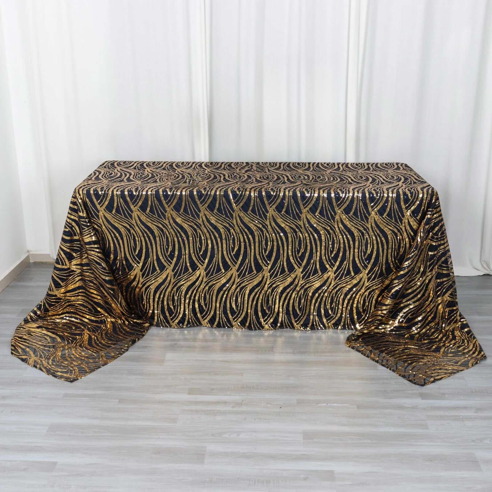 Black/Gold Sparkly Wave Sequin Embroidered Mesh Rectangle Tablecloth 90x156