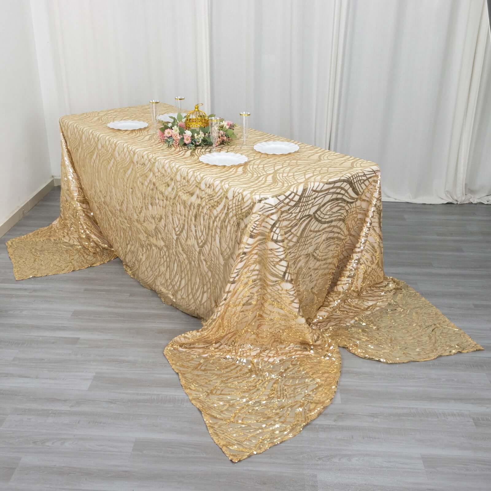 Champagne Sequin-Embroidered Mesh Rectangle Tablecloth 90x156 with Wave Pattern
