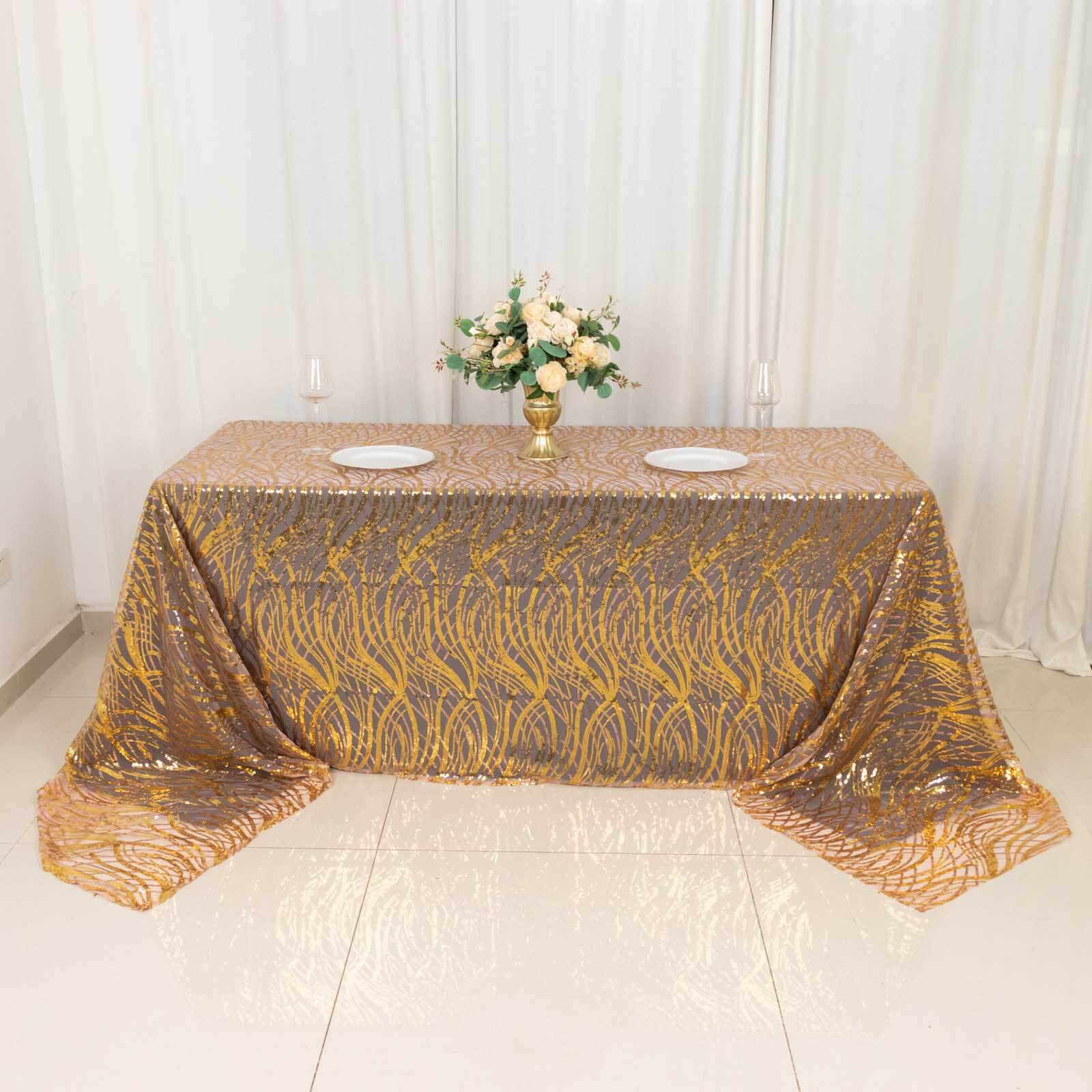 Sparkling Rose Gold/Gold Sequin Embroidered Mesh Rectangle Tablecloth for Special Events