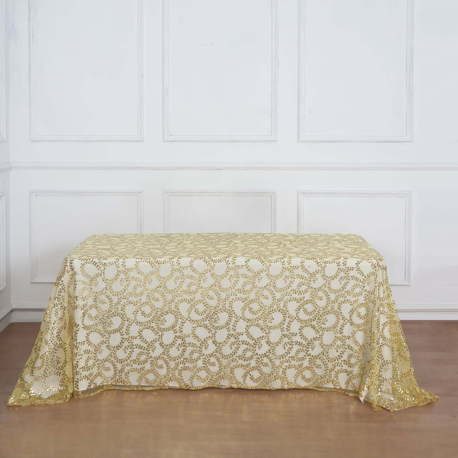 Luxurious Gold Sequin Leaf-Embroidered 90x156 Rectangle Tablecloth for Grand Celebrations