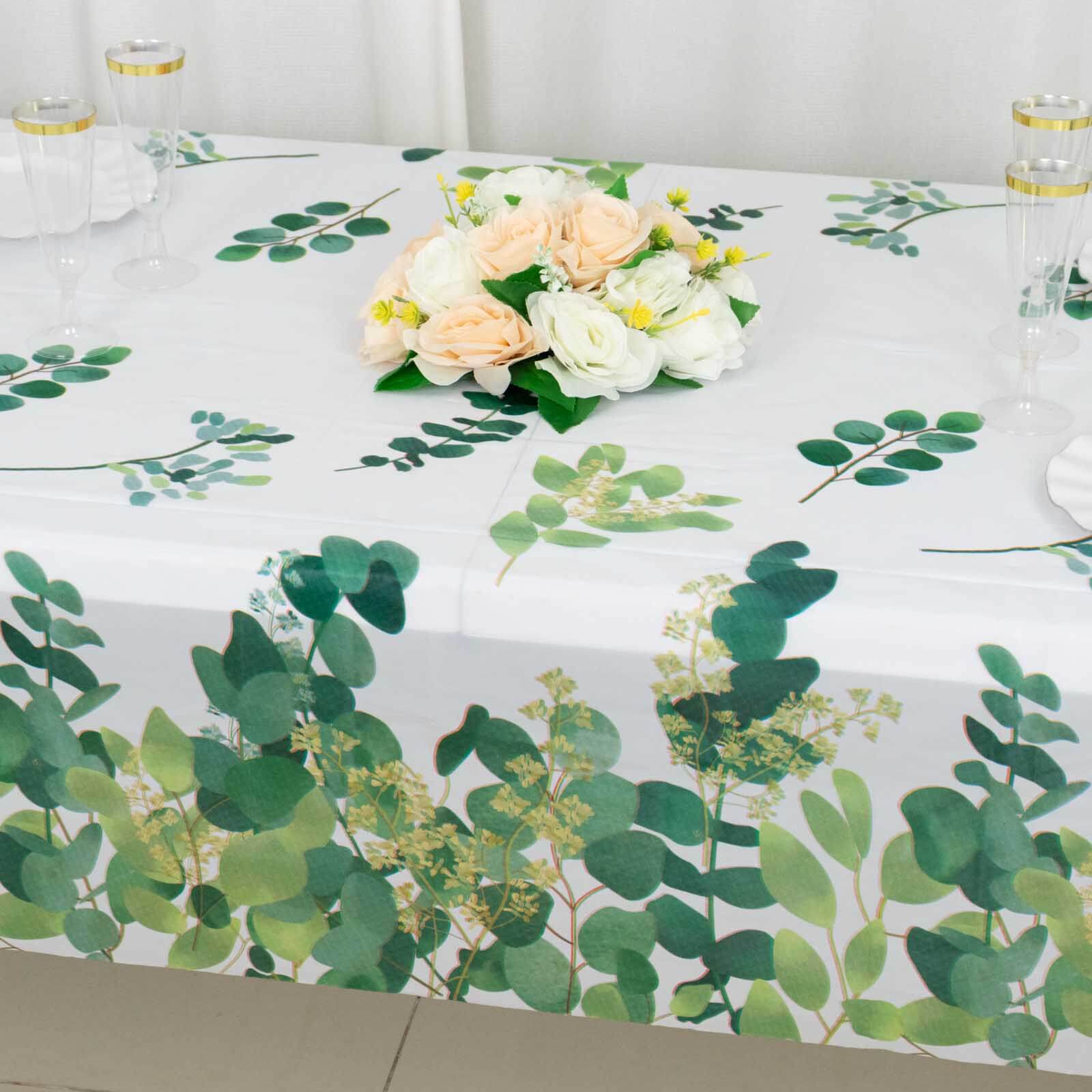 Hot Deal! 5-Pack Disposable PVC Plastic Table Covers in White/Green with Eucalyptus Print, 54x108