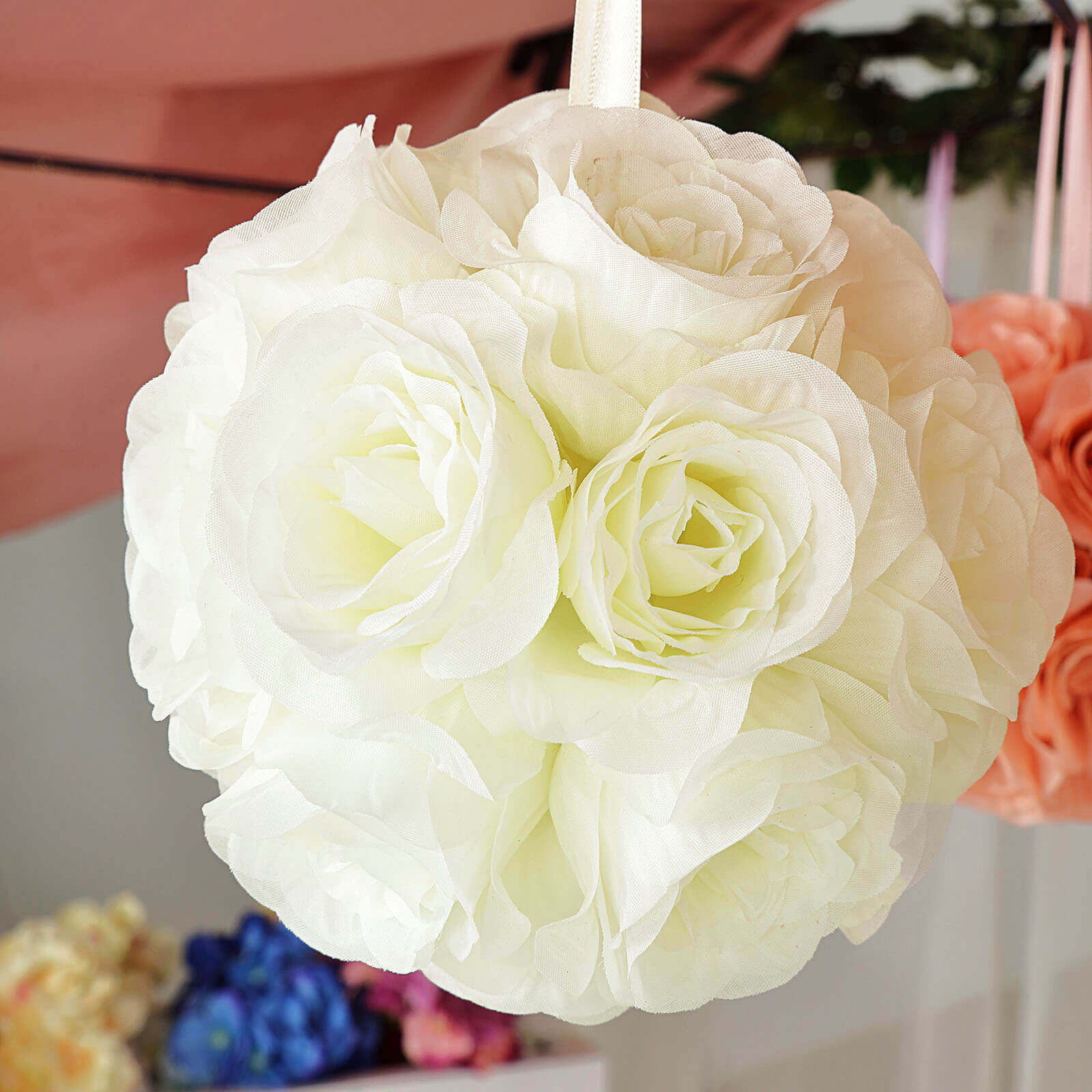 2-Pack Cream Artificial Silk Rose Kissing Balls, 7-Inch Faux Flower Decor
