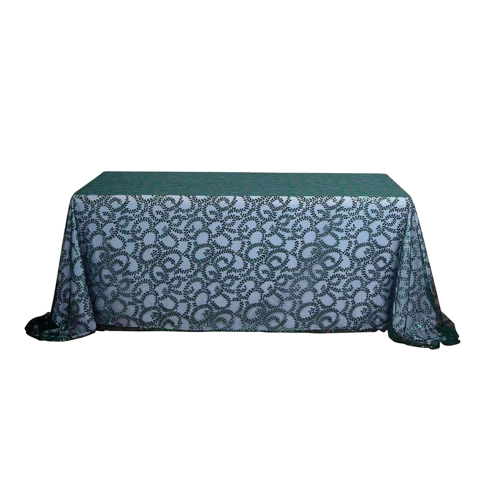 Hunter Emerald Green Sequin Leaf Embroidered 90x156 Rectangle Tulle Tablecloth