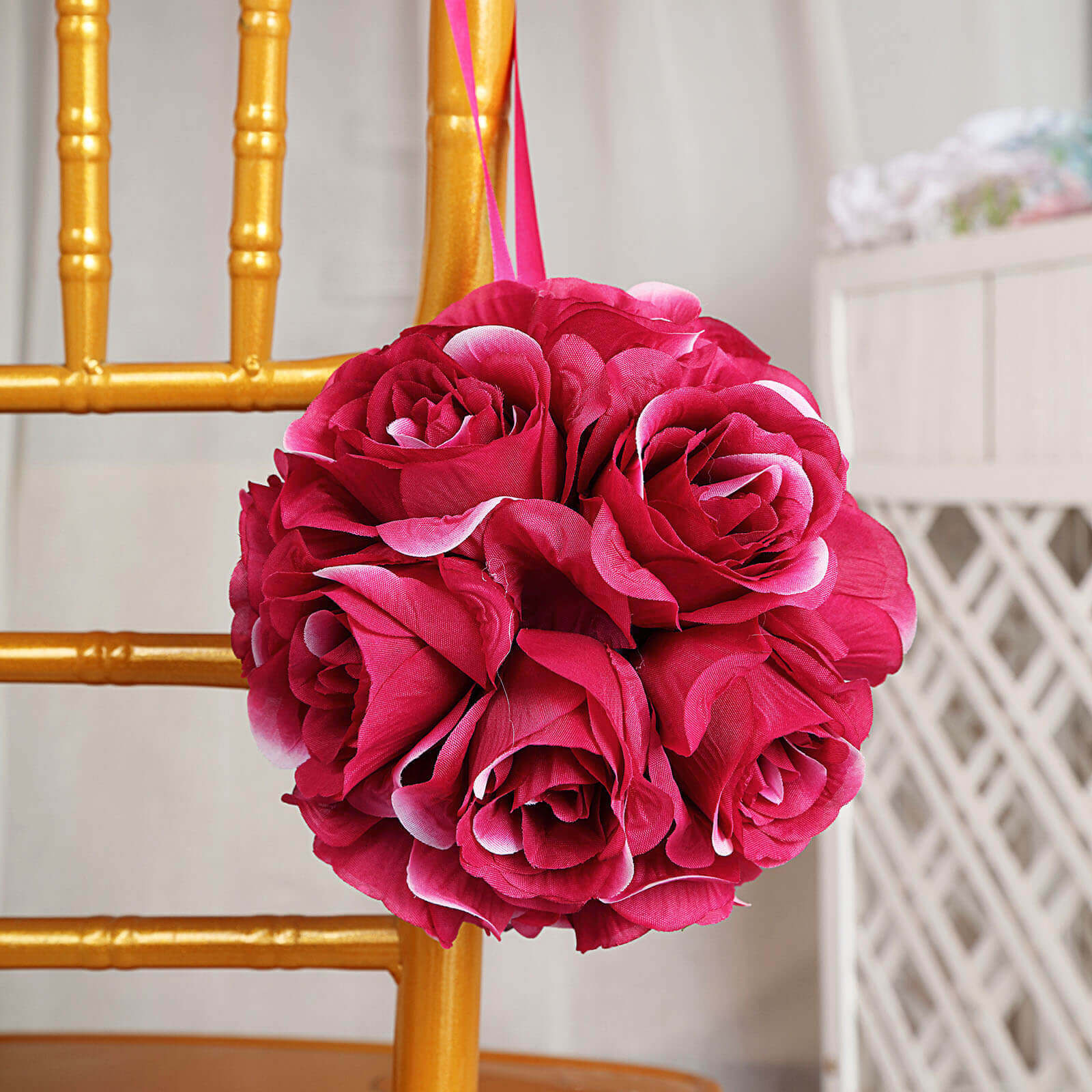 2-Pack 7-Inch Fuchsia Artificial Silk Rose Kissing Flower Balls for Decor