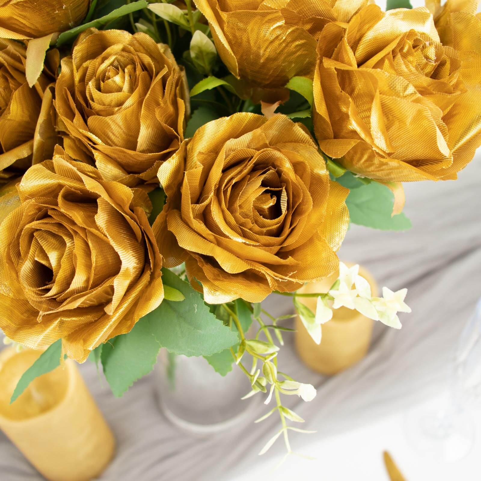 2 Bushes of 18 Realistic Touch Gold Silk Artificial Rose Flower Bouquets with Long Stems