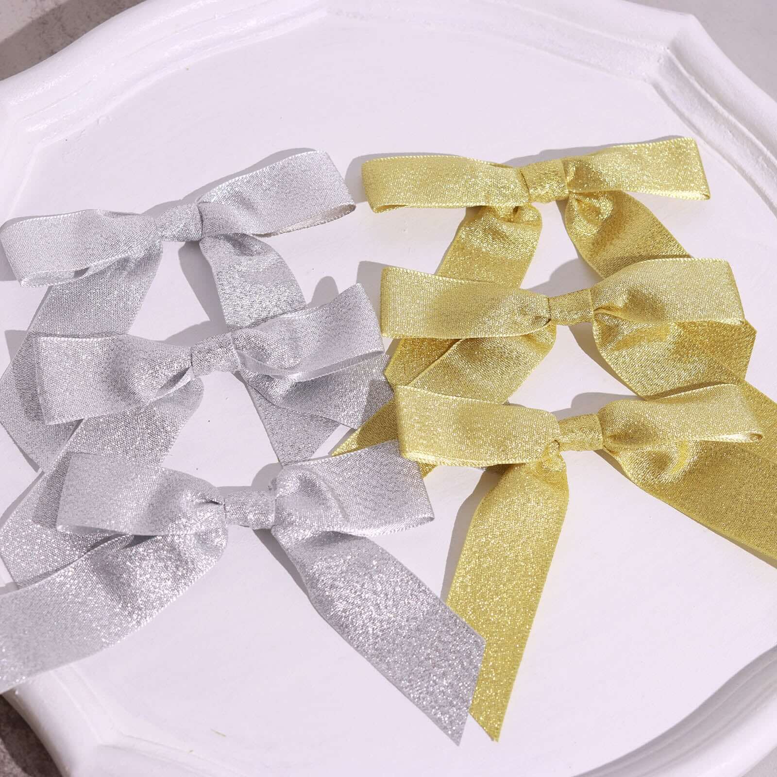 50 Pcs Gold Glitter Nylon Ribbon Bows with Twist Ties - Ideal for Gift Baskets & Party Favors