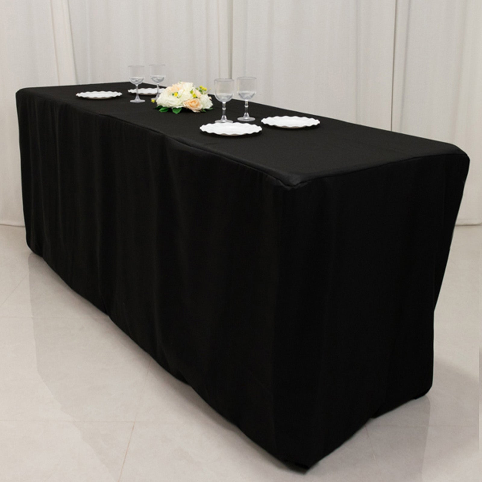 Premium Black Fitted Polyester Rectangle Tablecloth - Ideal for 8ft Tables, Durable & Stain-Resistant
