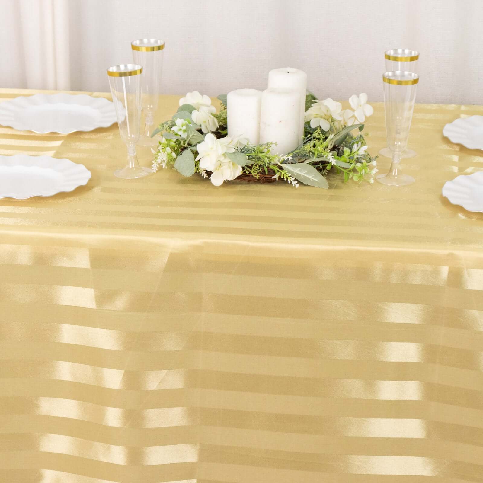 Champagne Satin Rectangular Tablecloth with Glossy Stripes, 90x132