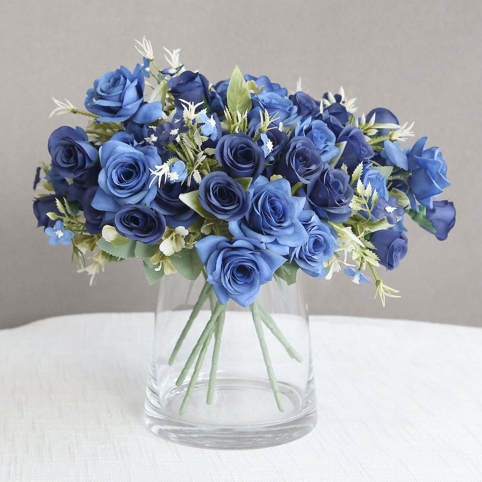 12-Inch Navy Blue Real Touch Artificial Silk Rose Flower Bouquet with 4 Bushes