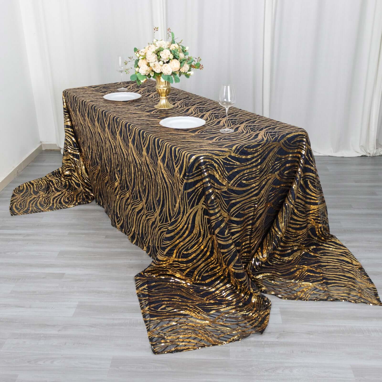 Black/Gold Sparkly Wave Sequin Embroidered Mesh Rectangle Tablecloth 90x156