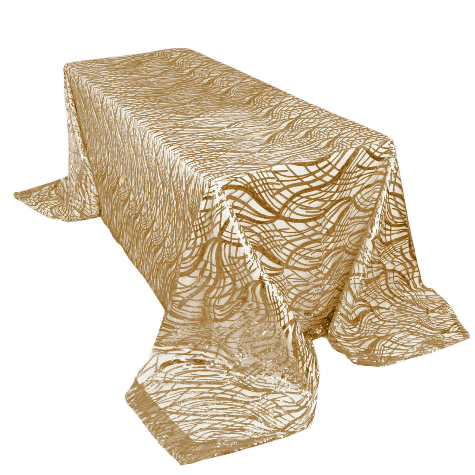 Champagne Sequin-Embroidered Mesh Rectangle Tablecloth 90x156 with Wave Pattern