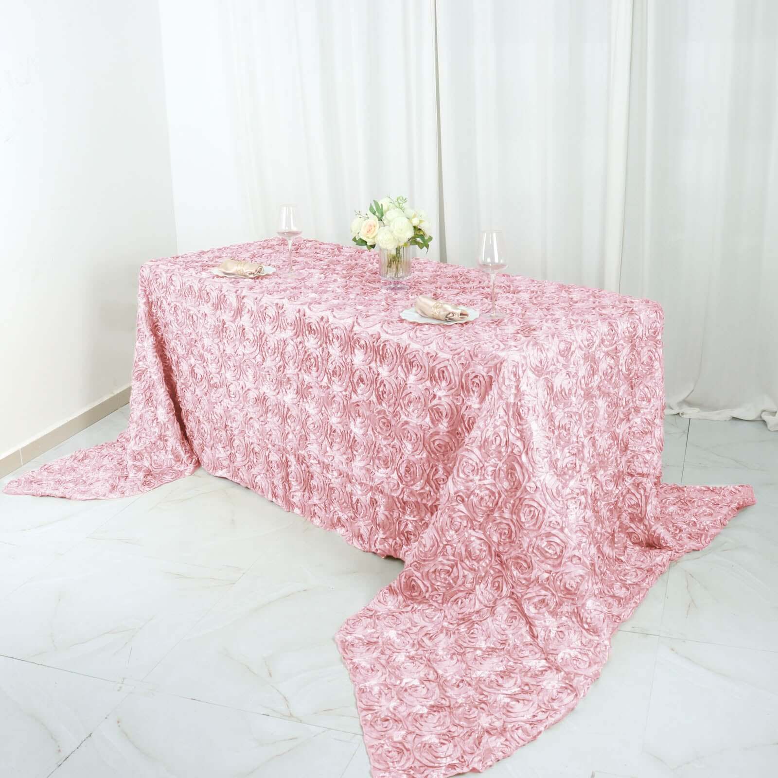 Hot! Blush Satin 90x156 Rectangle 3D Rosette Tablecloth with Seamless Finish